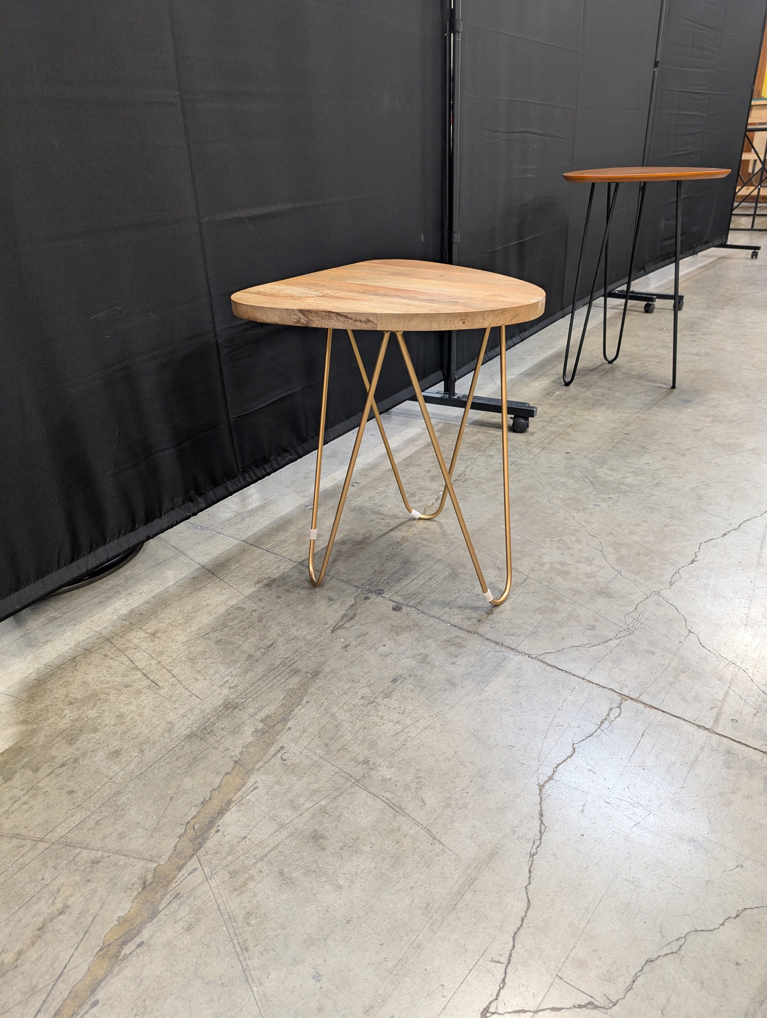 Mid-Century Modern Natural Wood Irregular Side Table with Gold Hairpin Legs