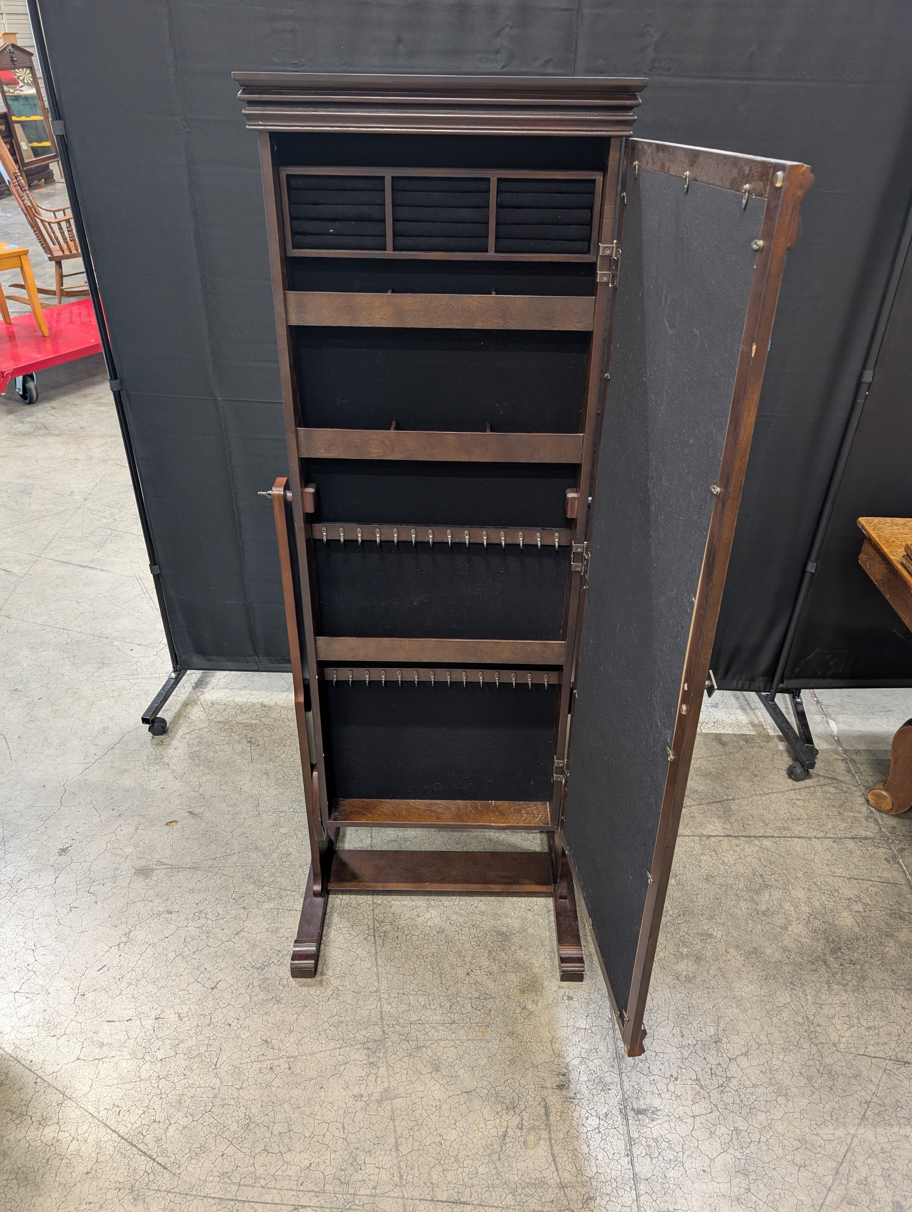 Freestanding Dark Wood Cheval Mirror Jewelry Armoire