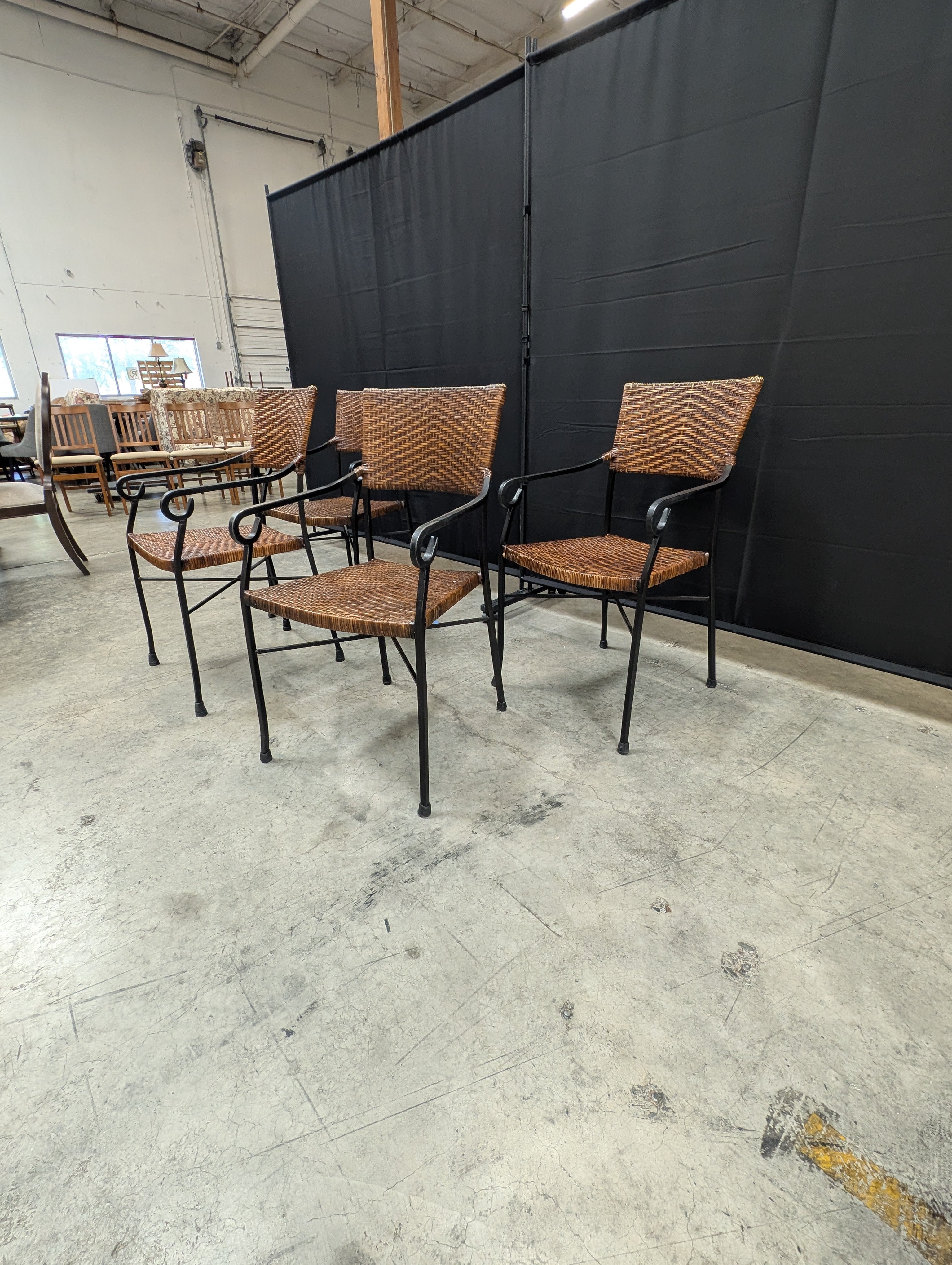 Set of Four Woven Rattan & Metal Outdoor Armchair