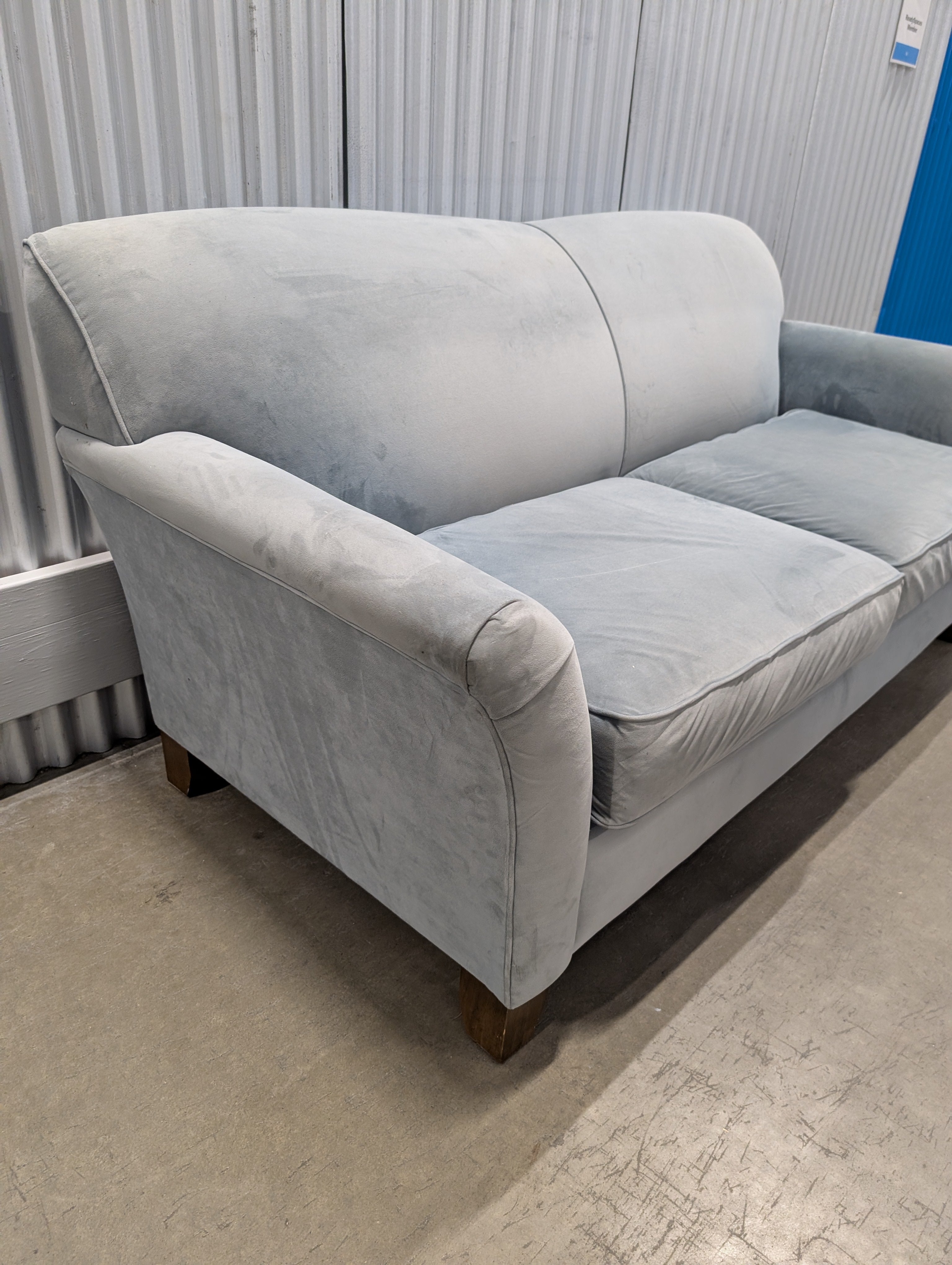 Classic Light Blue-Grey Fabric Sofa with Rolled Arms