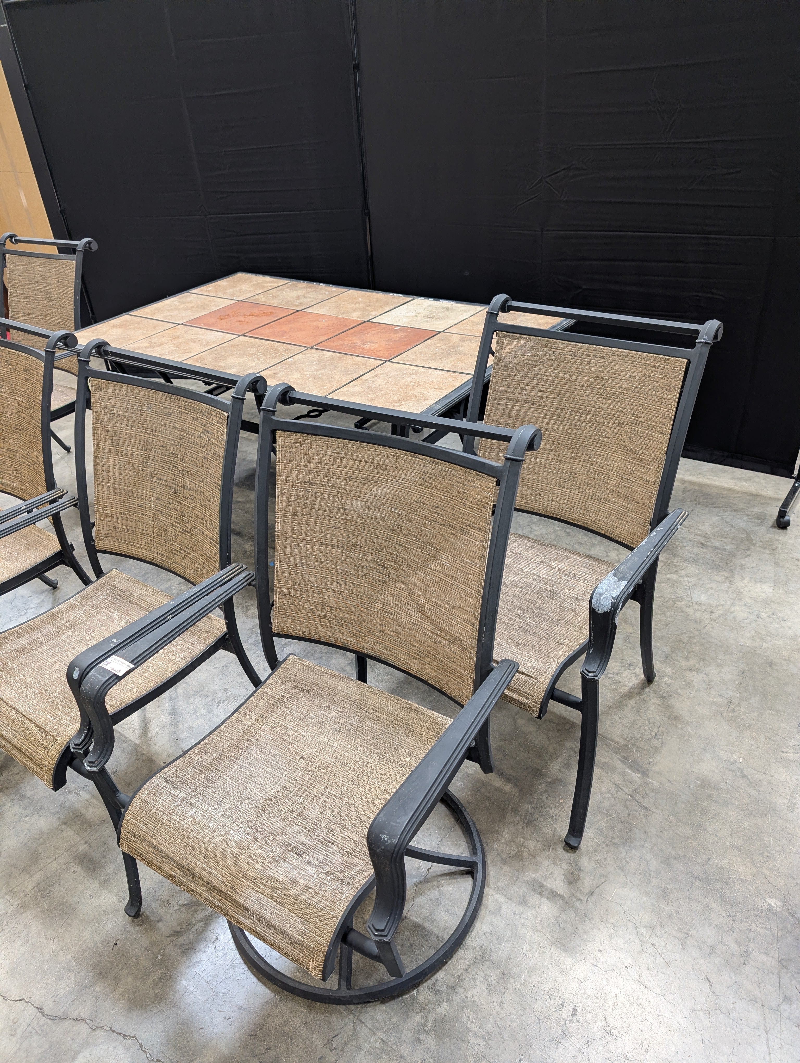Black Metal Outdoor Patio Table with Tile Insert Grid Top