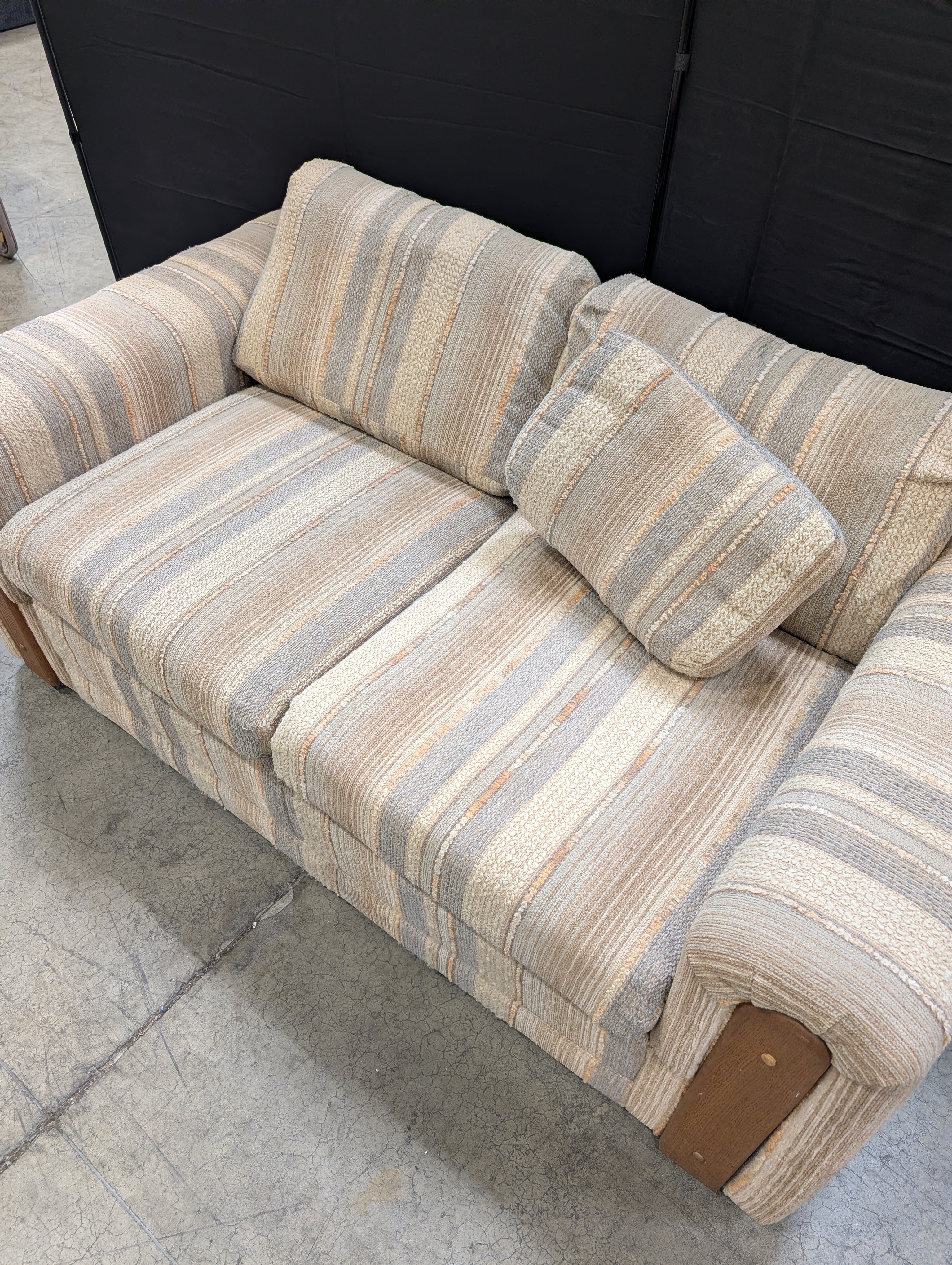 Neutral Stripe Upholstered Loveseat with Wood Arm Accents