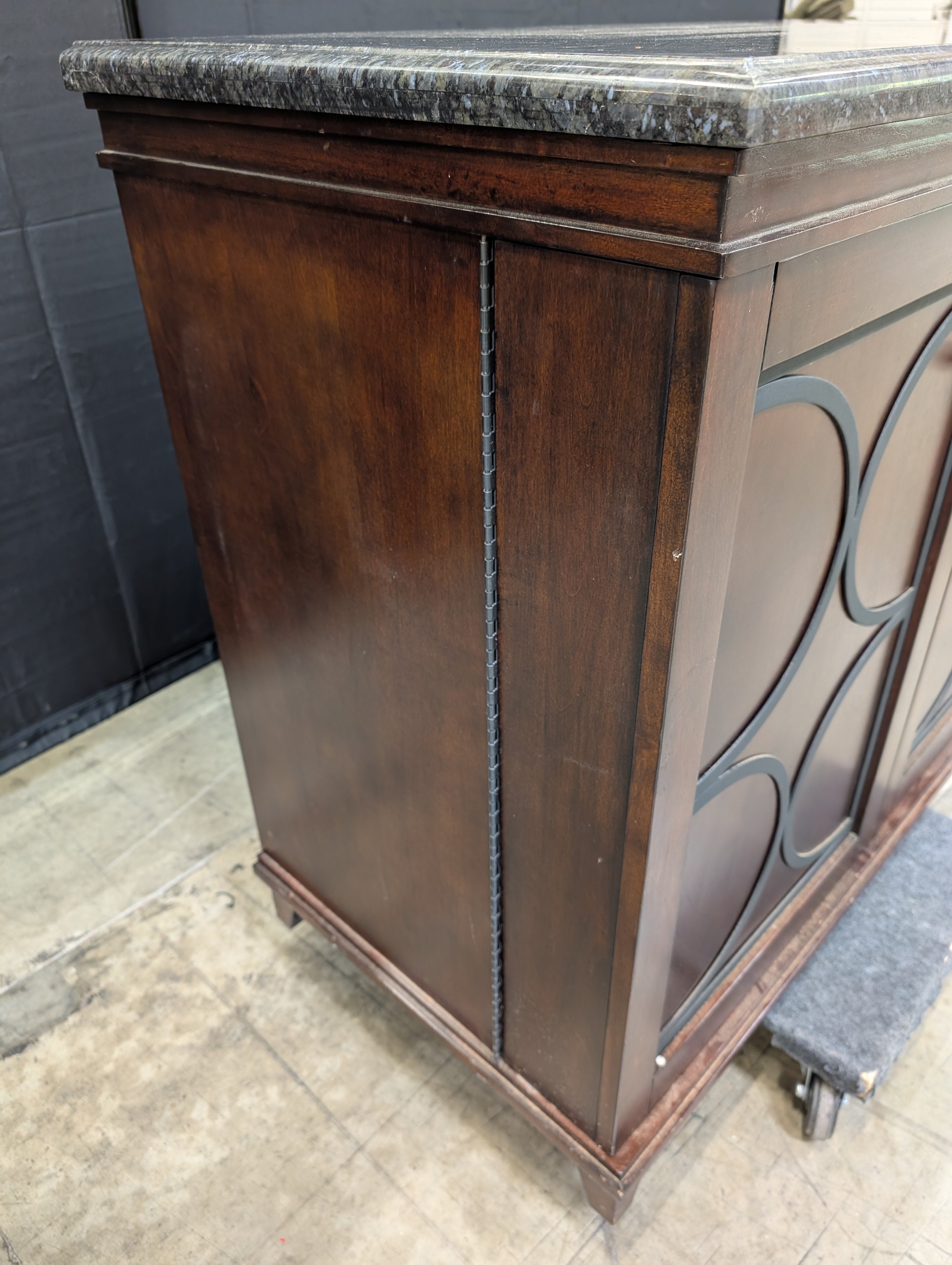Dark Wood Wine Storage Cabinet with Granite Top and Decorative Doors