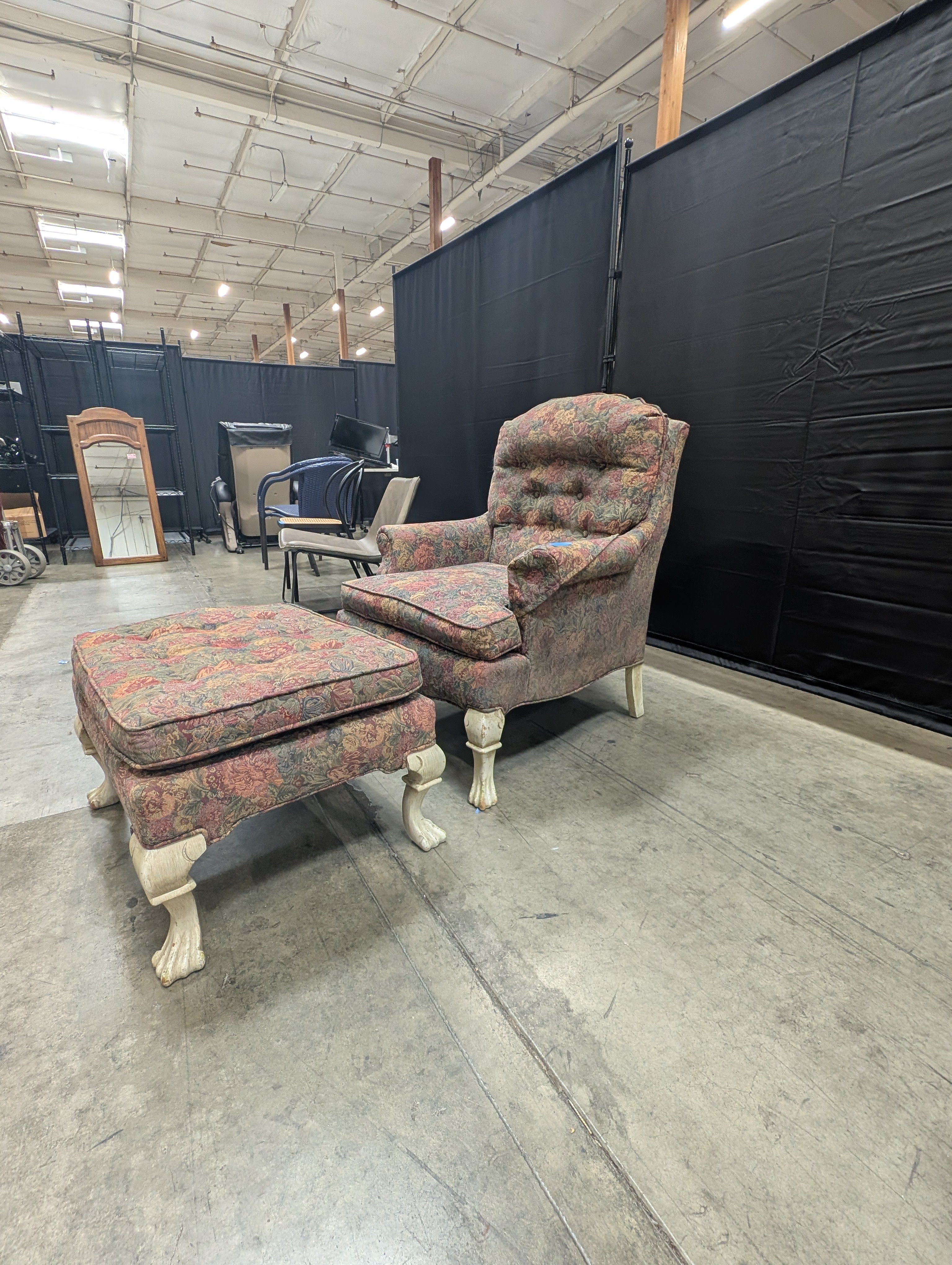 Used Traditional Floral Pattern Upholstered Armchair with Claw Feet