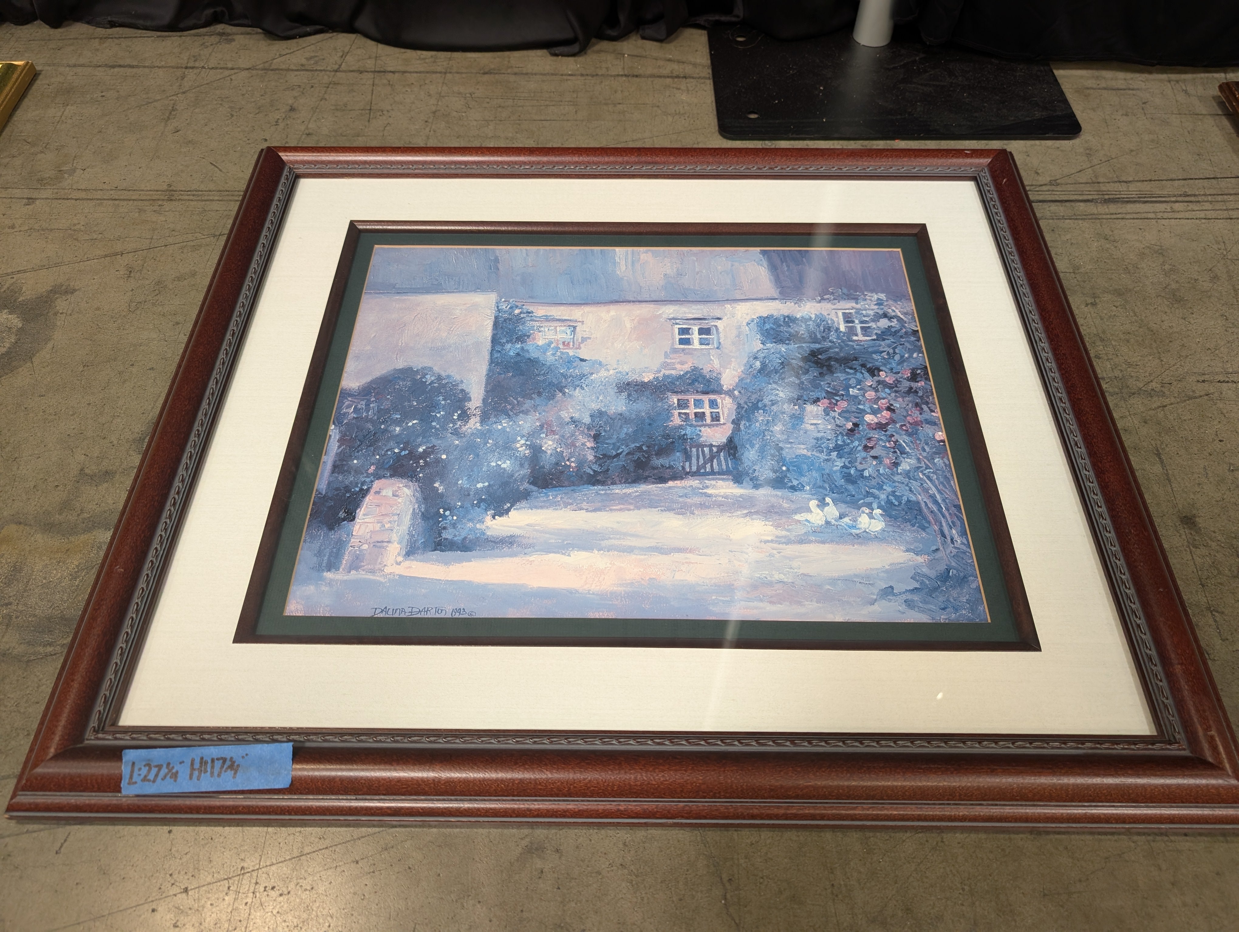 Cottage Courtyard Landscape Framed Print in Wood