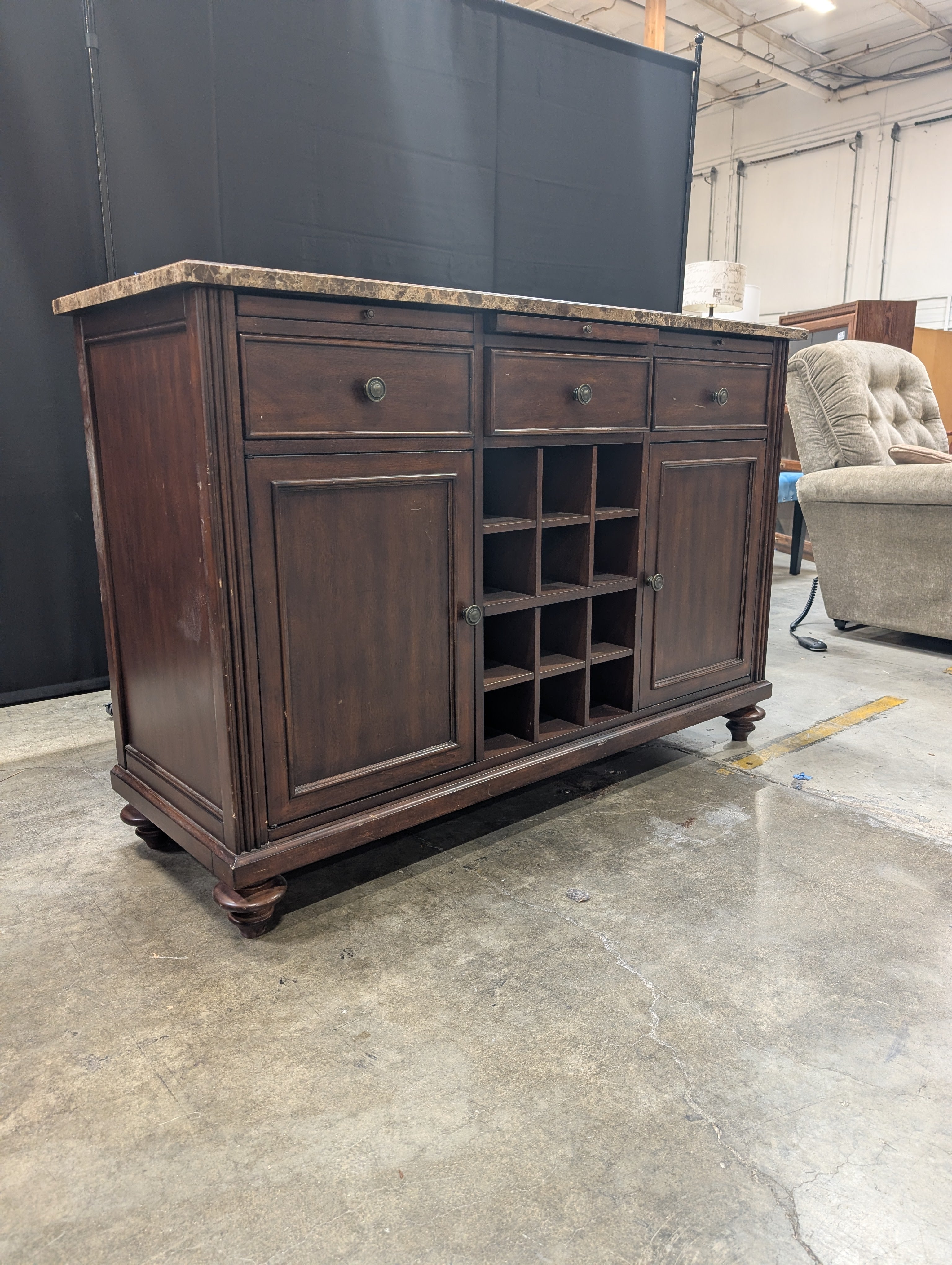 Dark Wood FLEXSTEEL Buffet Cabinet with Stone Top and Wine Storage