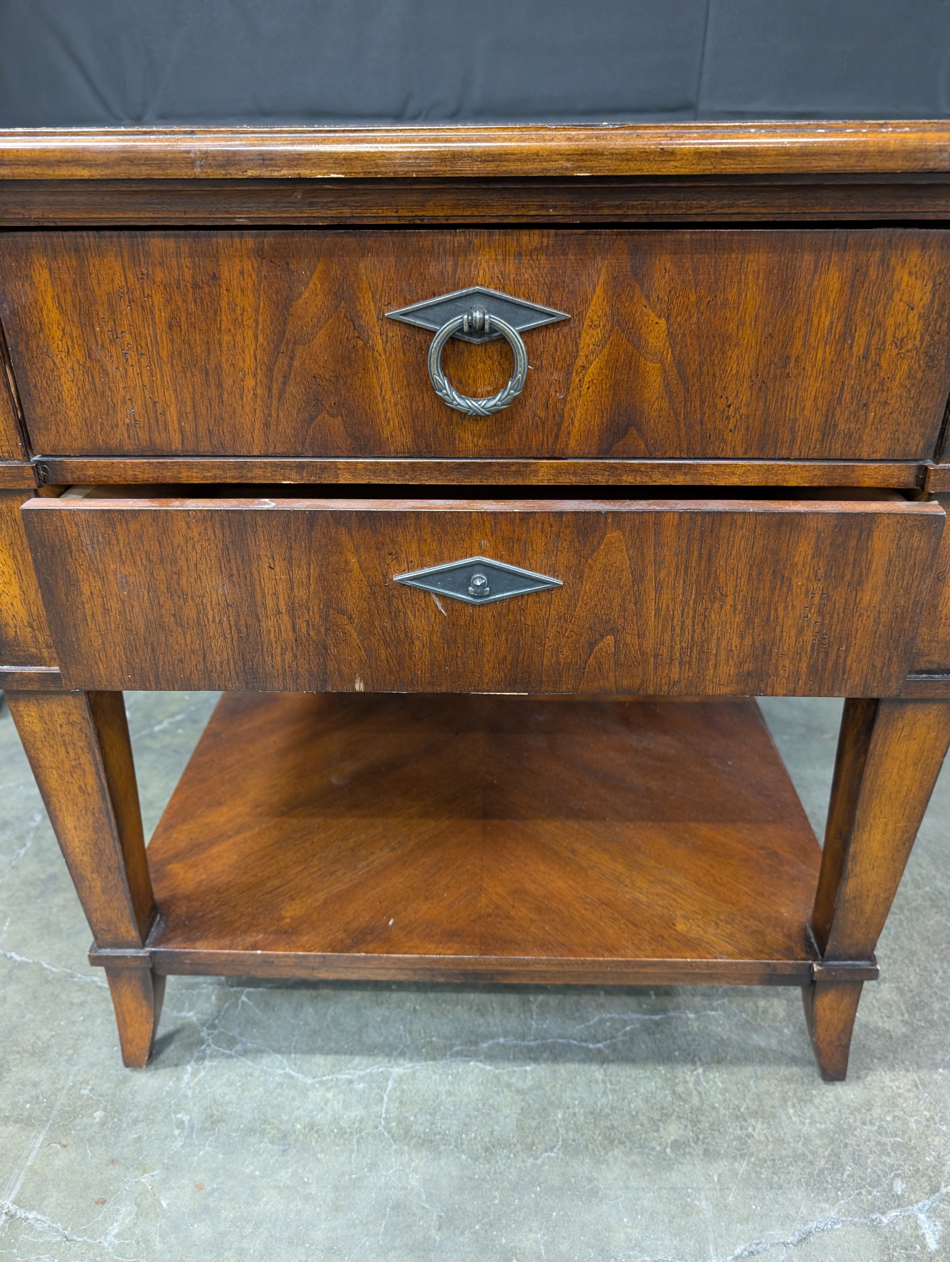 Dark Wood Two-Drawer End Table with Open Shelf
