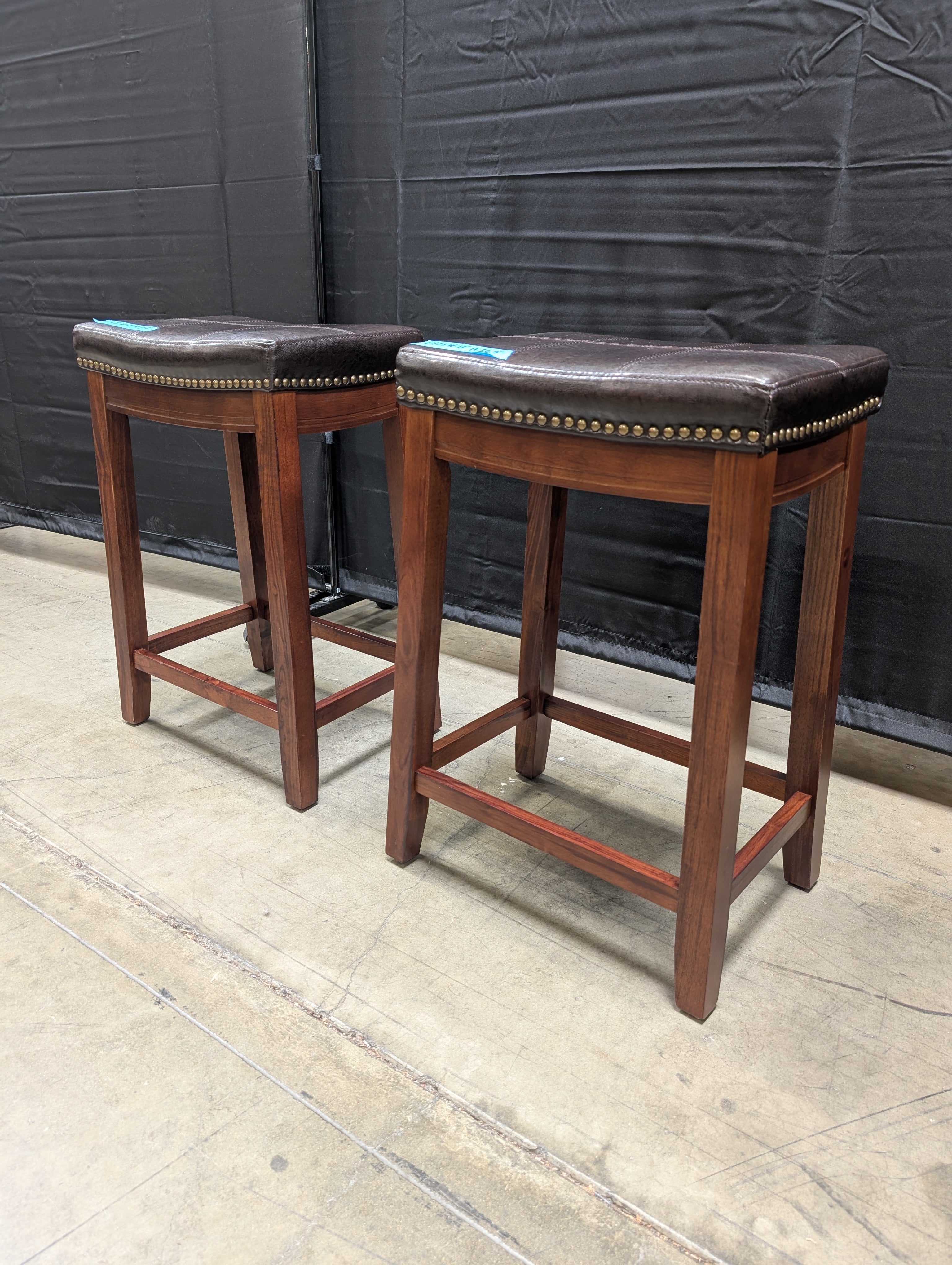 Pair of Brown Wood Frame Barstool with Nailhead Trim