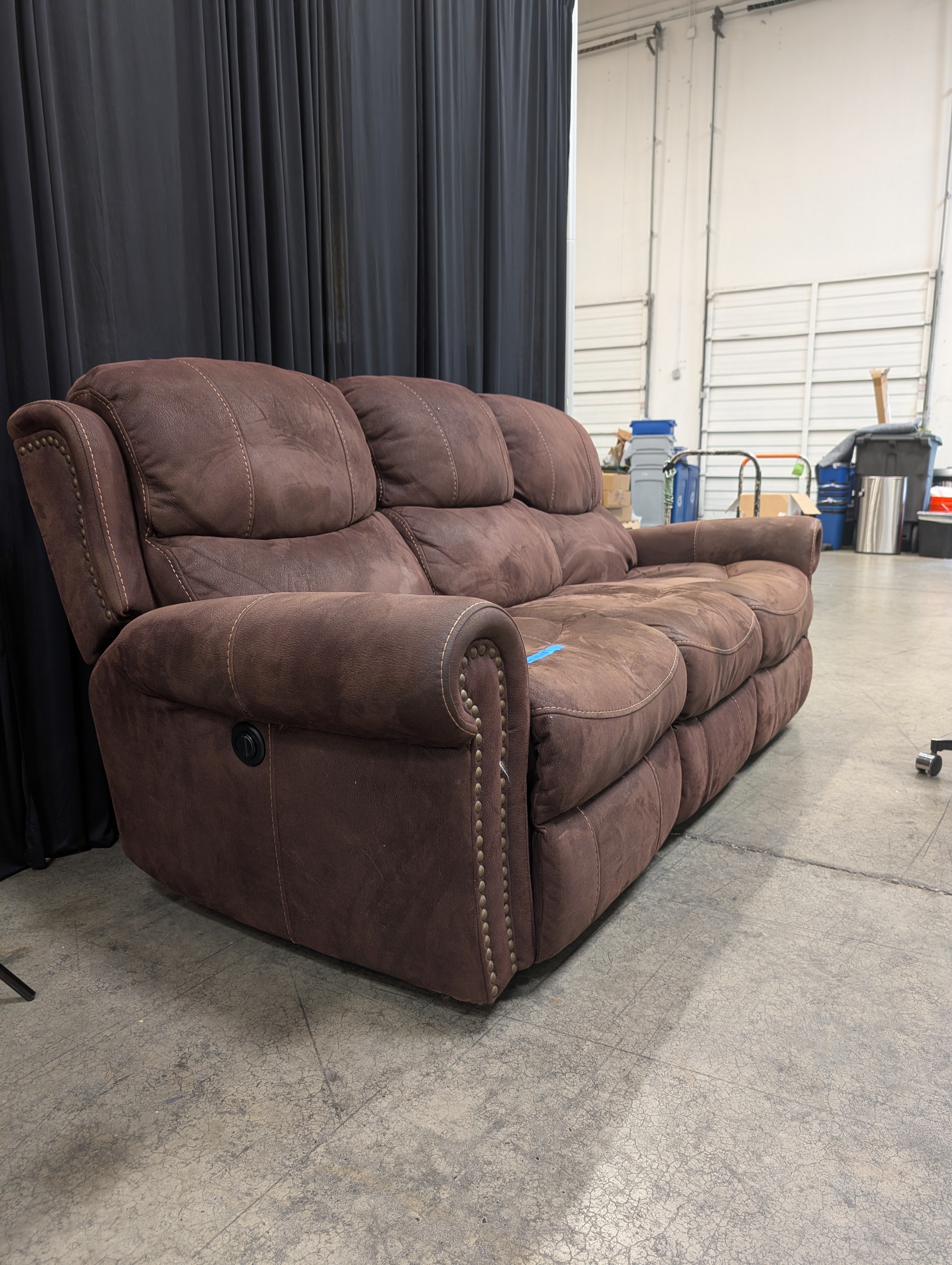 Brown Suede-Like Three-Seat Couch with Nailhead Trim