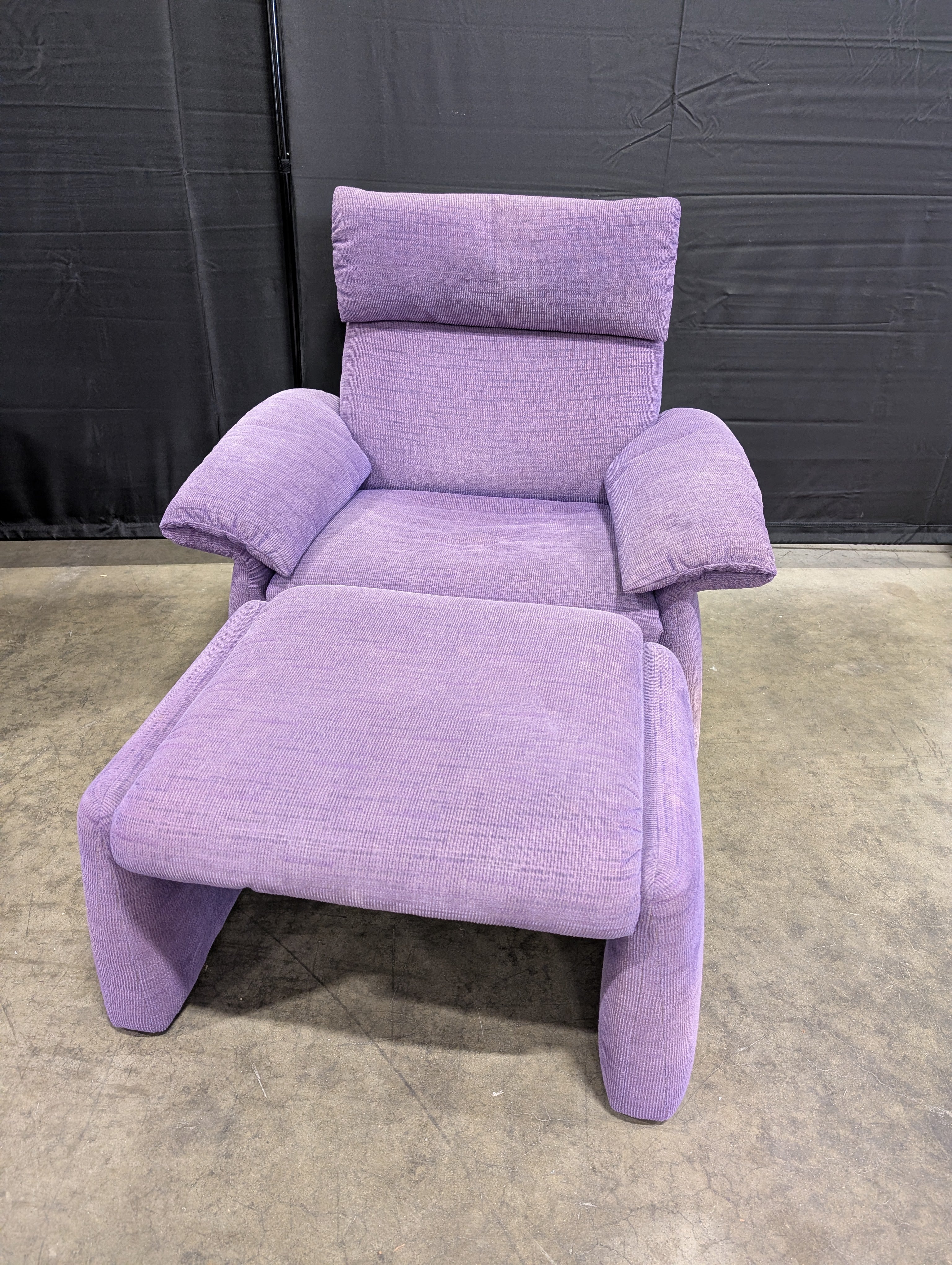 Used Purple Fabric Armchair with Matching Ottomans