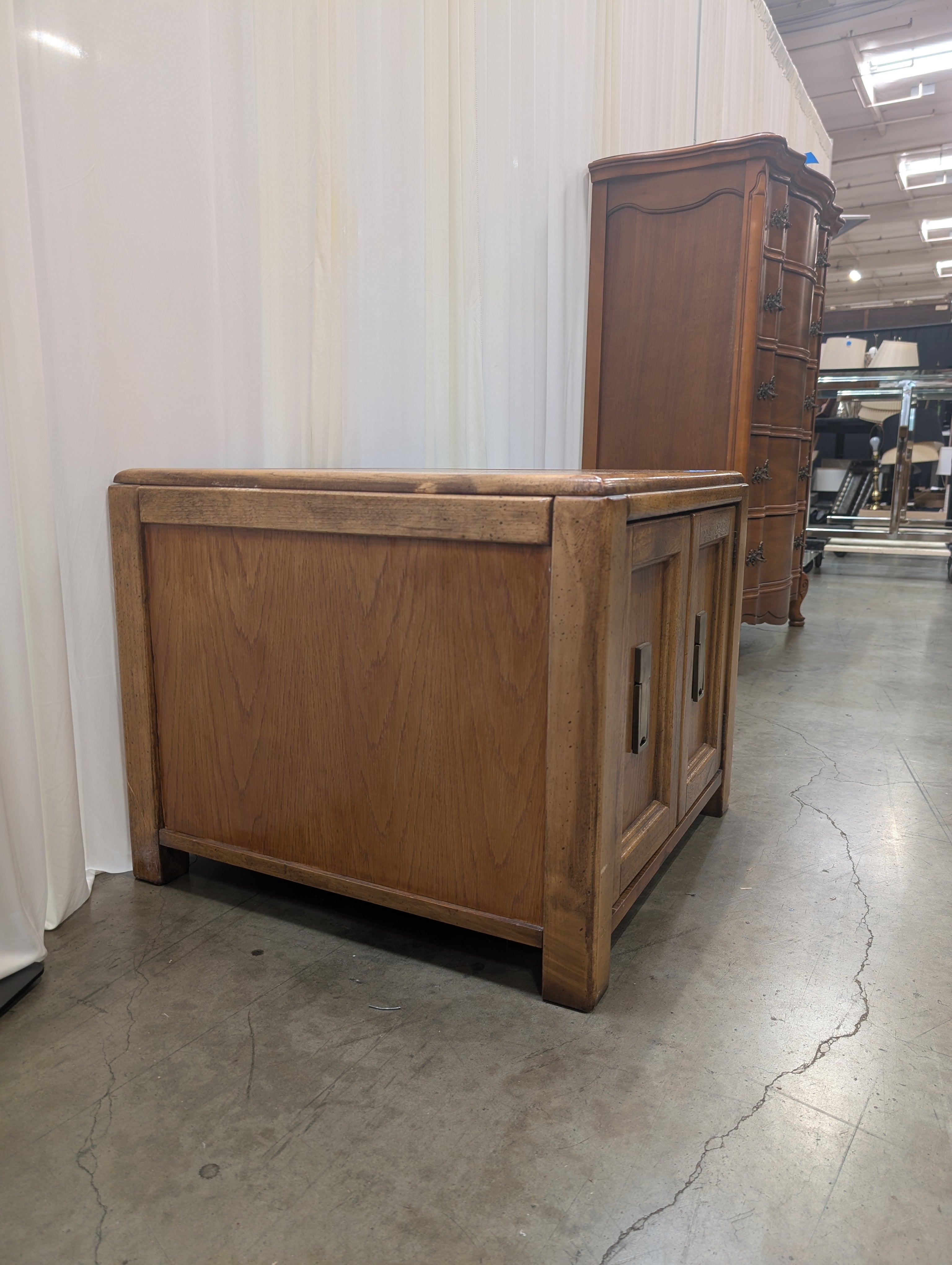 Vintage Oak Two-Door End Table with Brass Pulls