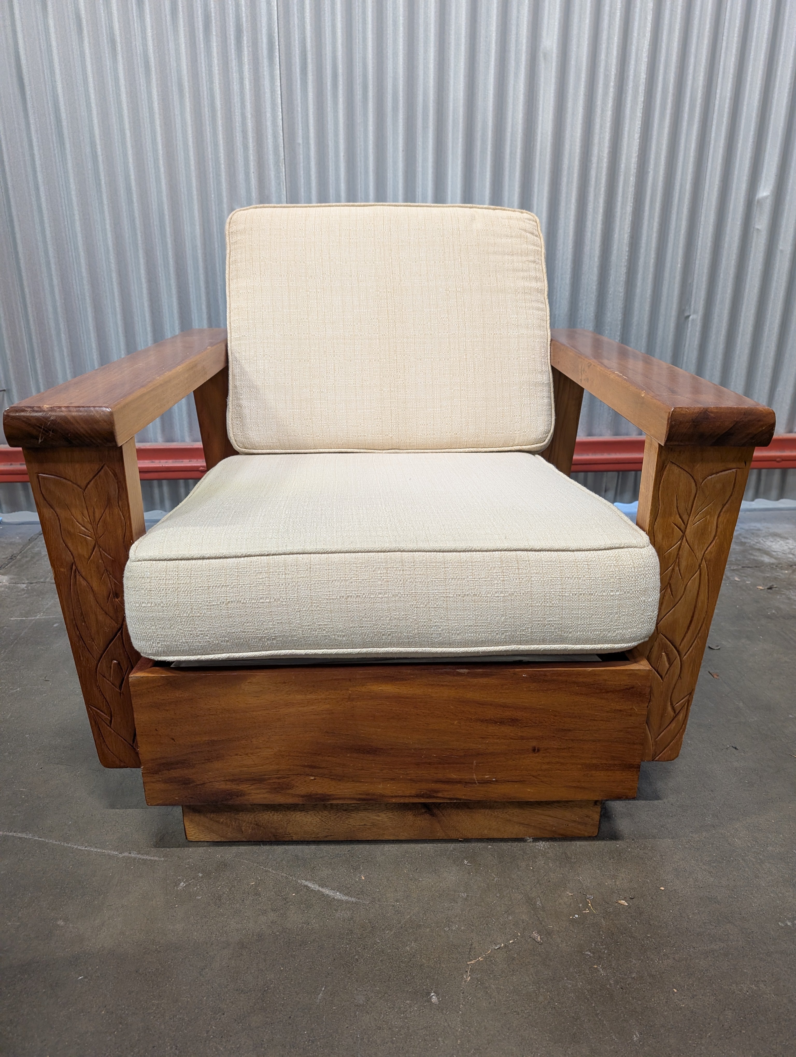 Mid-Century Modern Hardwood Armchair with Carved Leaf Design