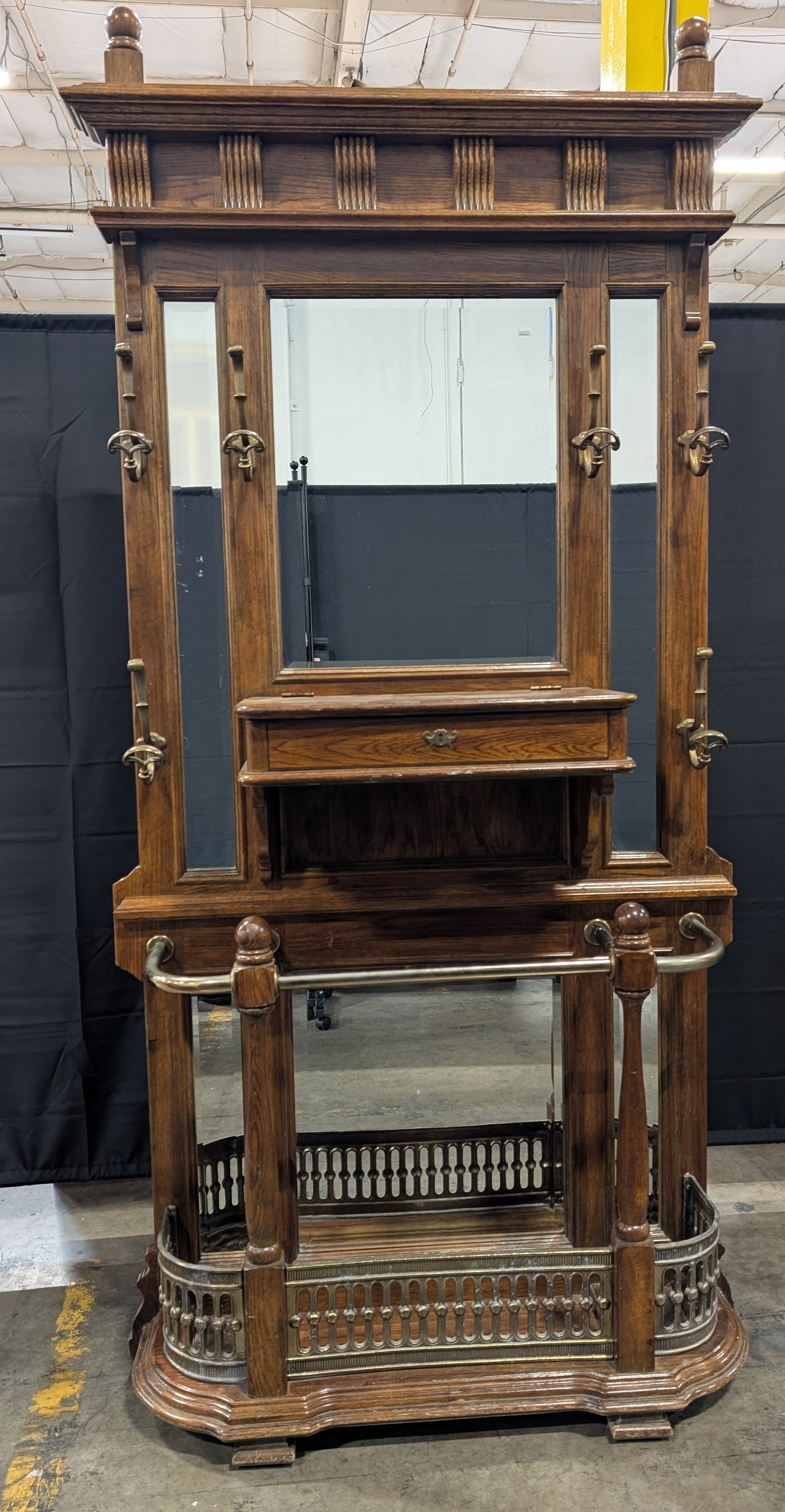 Vintage Hardwood Entryway Hall Tree with Mirror and Brass Accents
