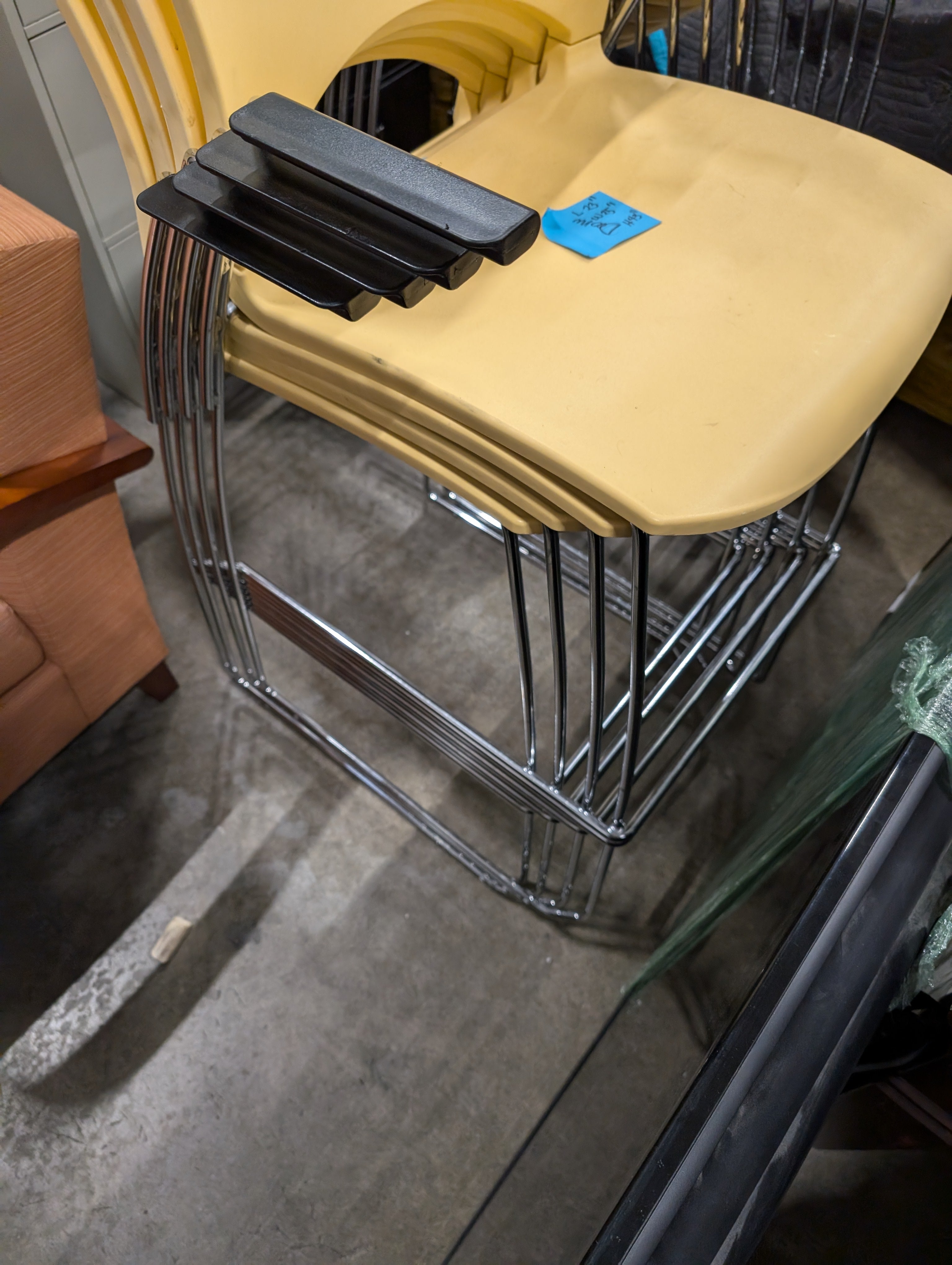 Warehouse sale --- Set of 12 Stackable Yellow Plastic Chairs with Chrome Frames and Armrests