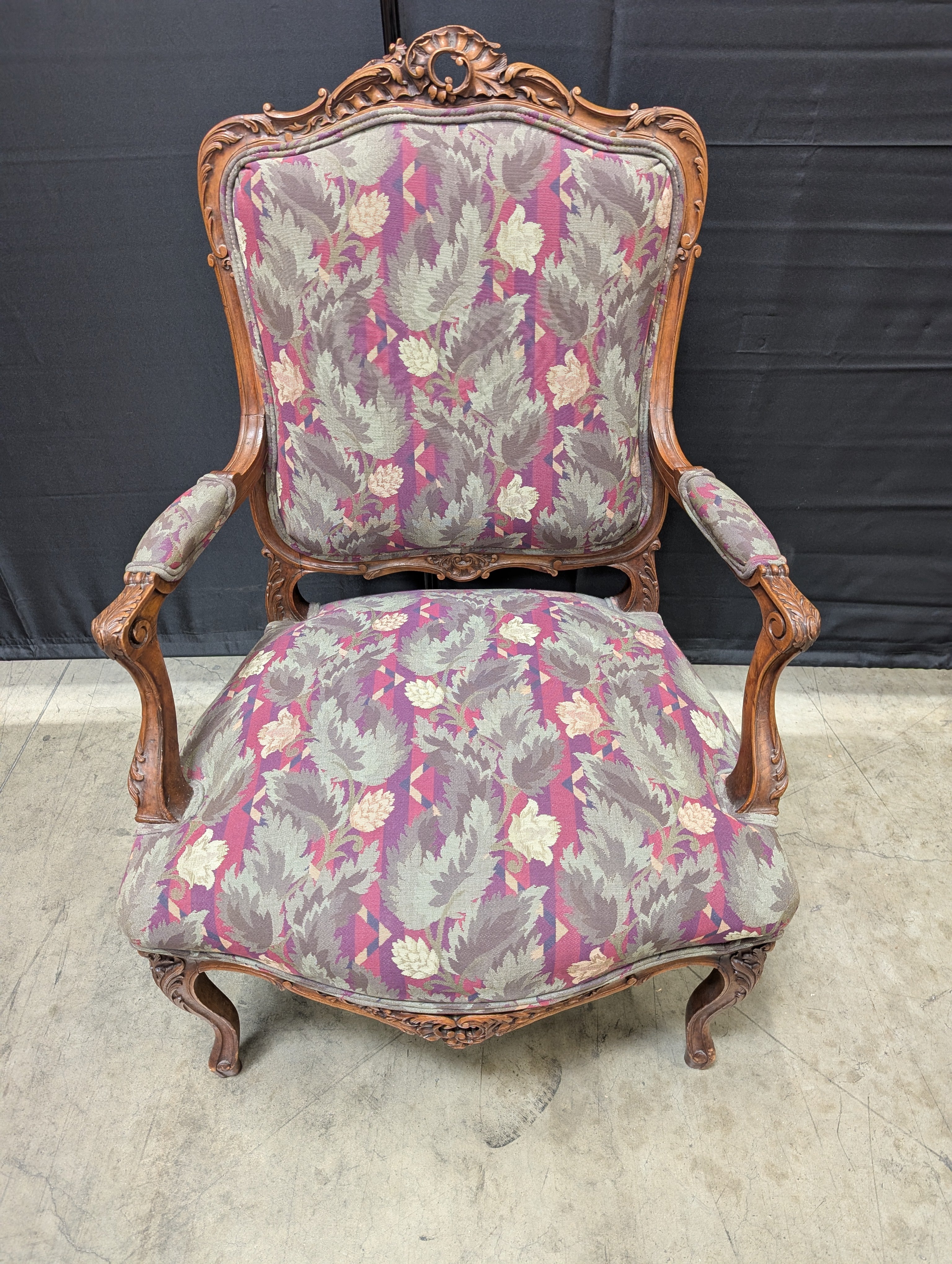 Vintage Carved Wood Armchair with Botanical Upholstery