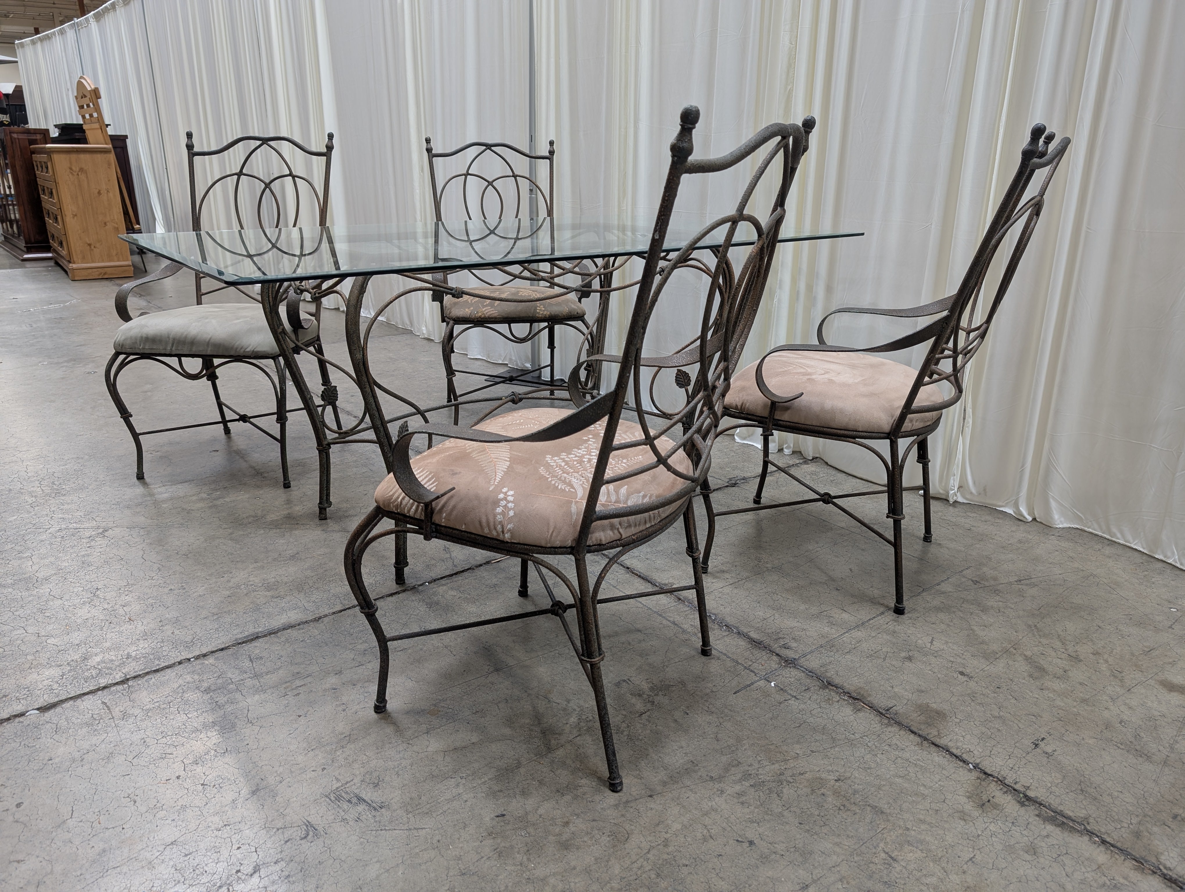 Ornate Bronze Metal Dining Chairs with  Glass Top Table