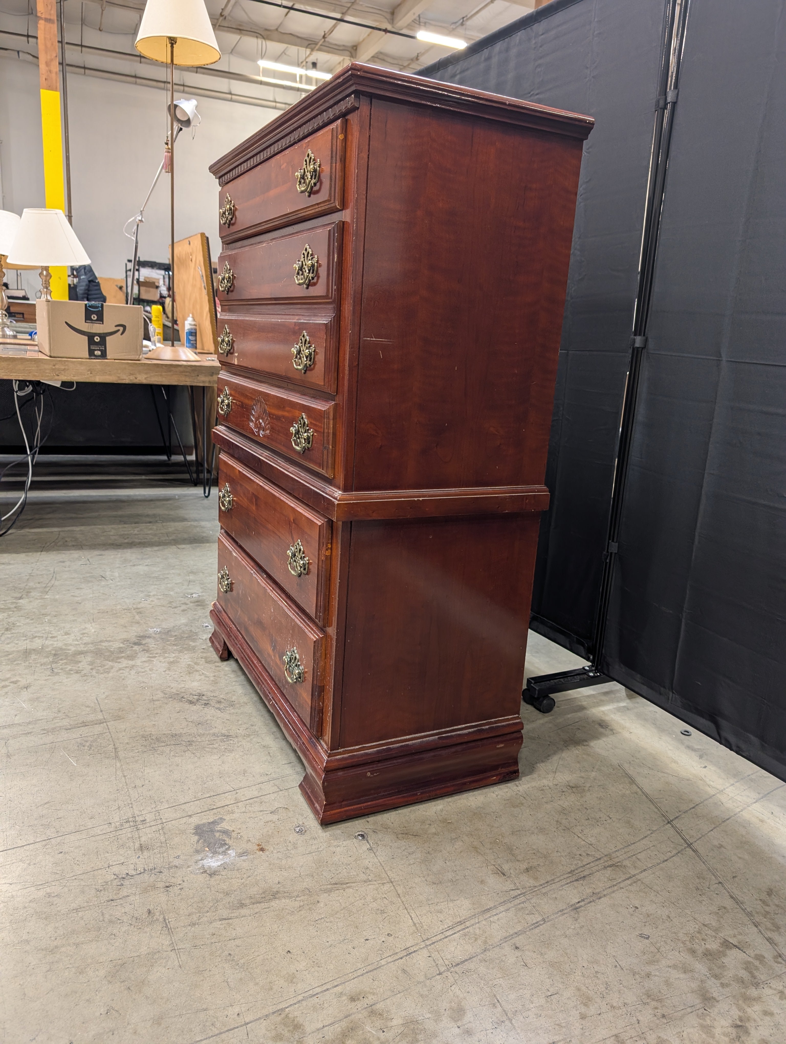 Classic Cherry Finish Tall Chest of Drawers with Brass Hardware