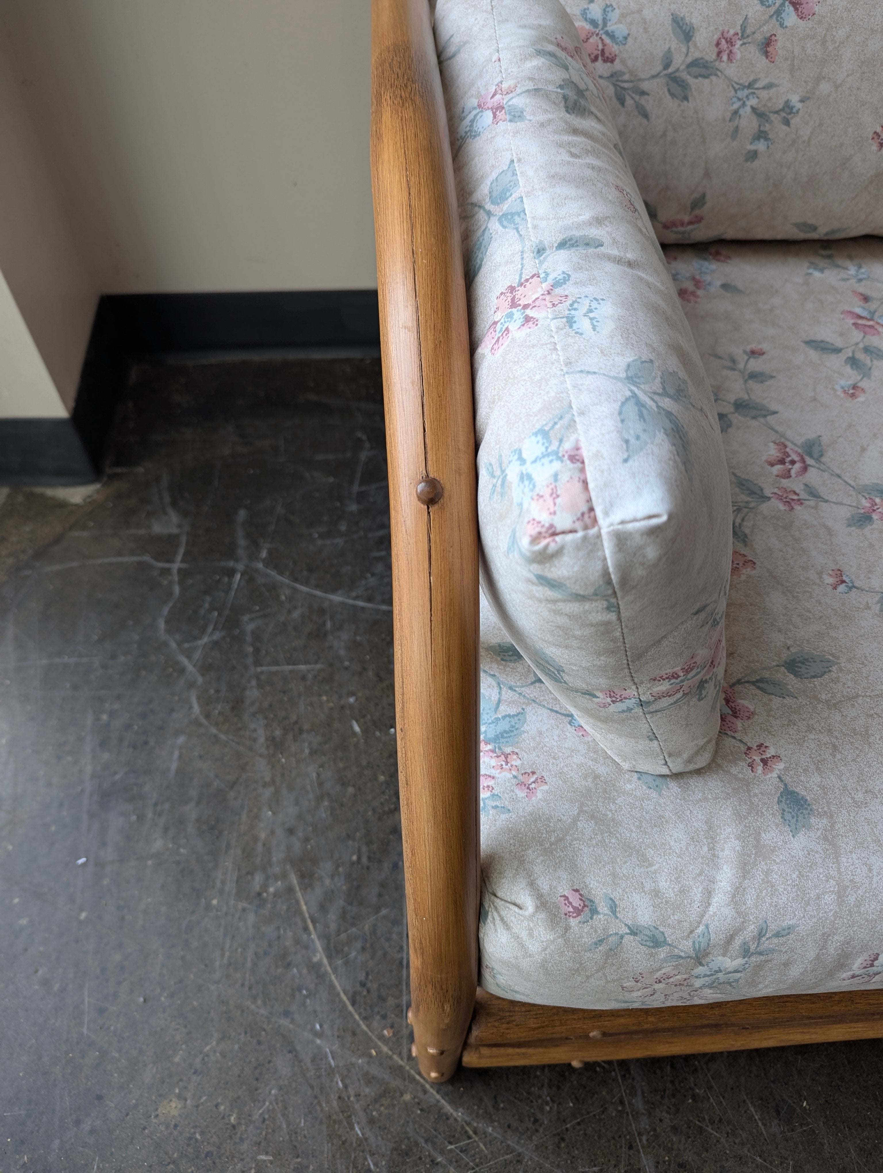 Vintage Rattan Three-Seat Sofa with Floral Upholstery