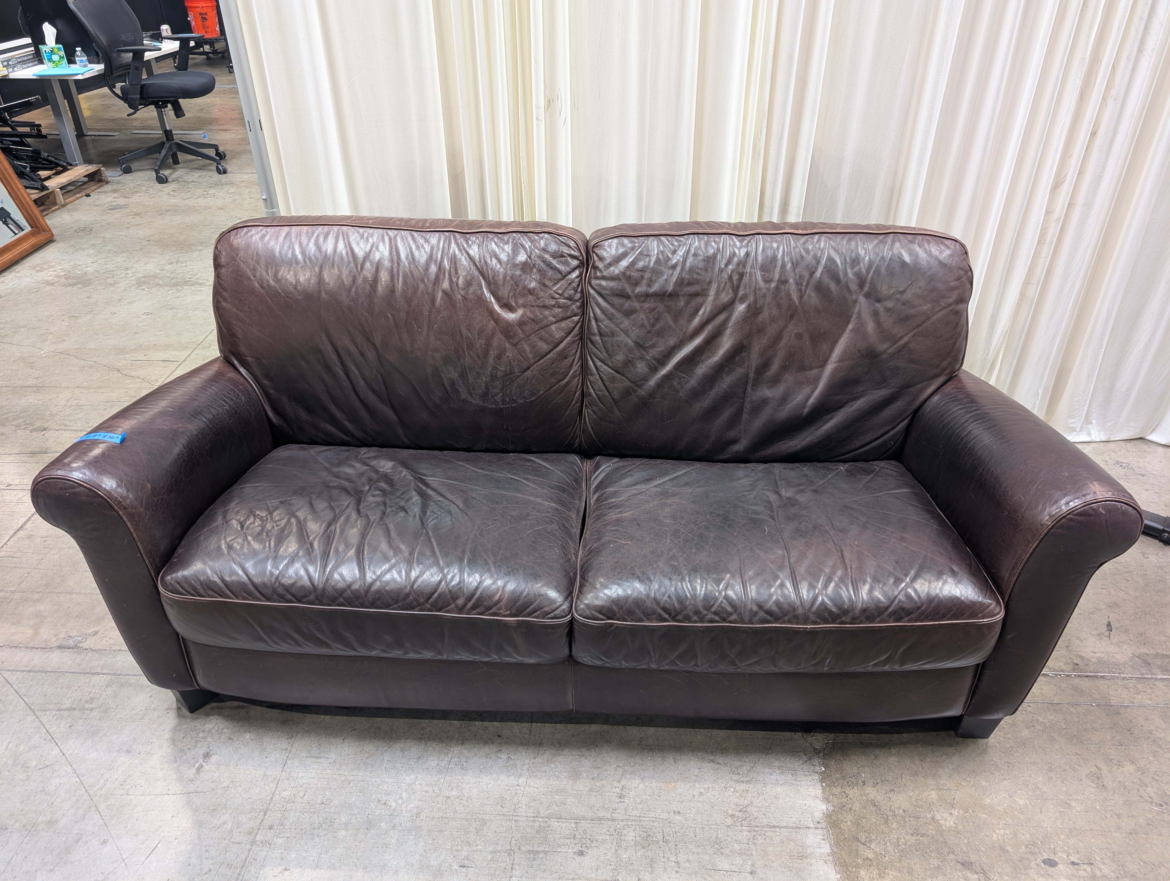 Dark Brown Rolled Arm Couch in Leather