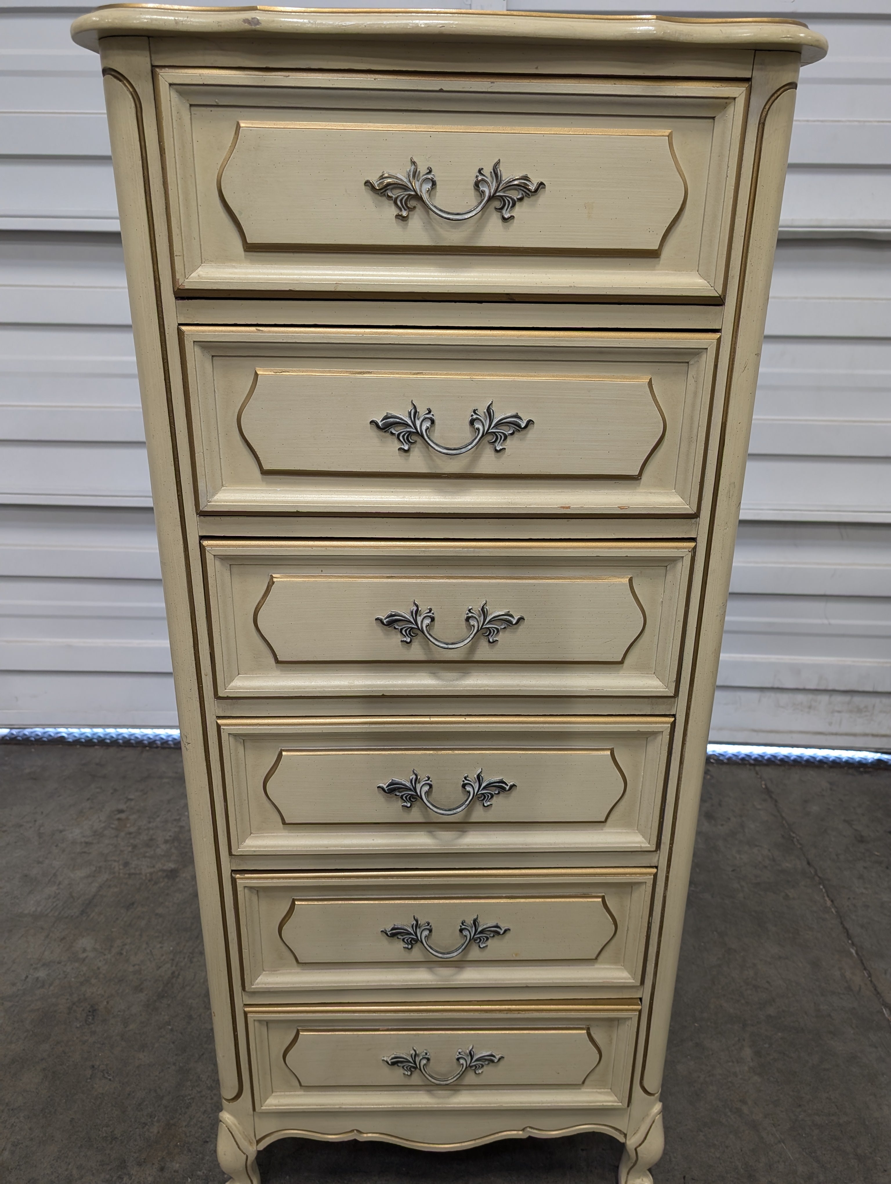 Vintage French Provincial Cream Five-Drawer Tallboy Chest