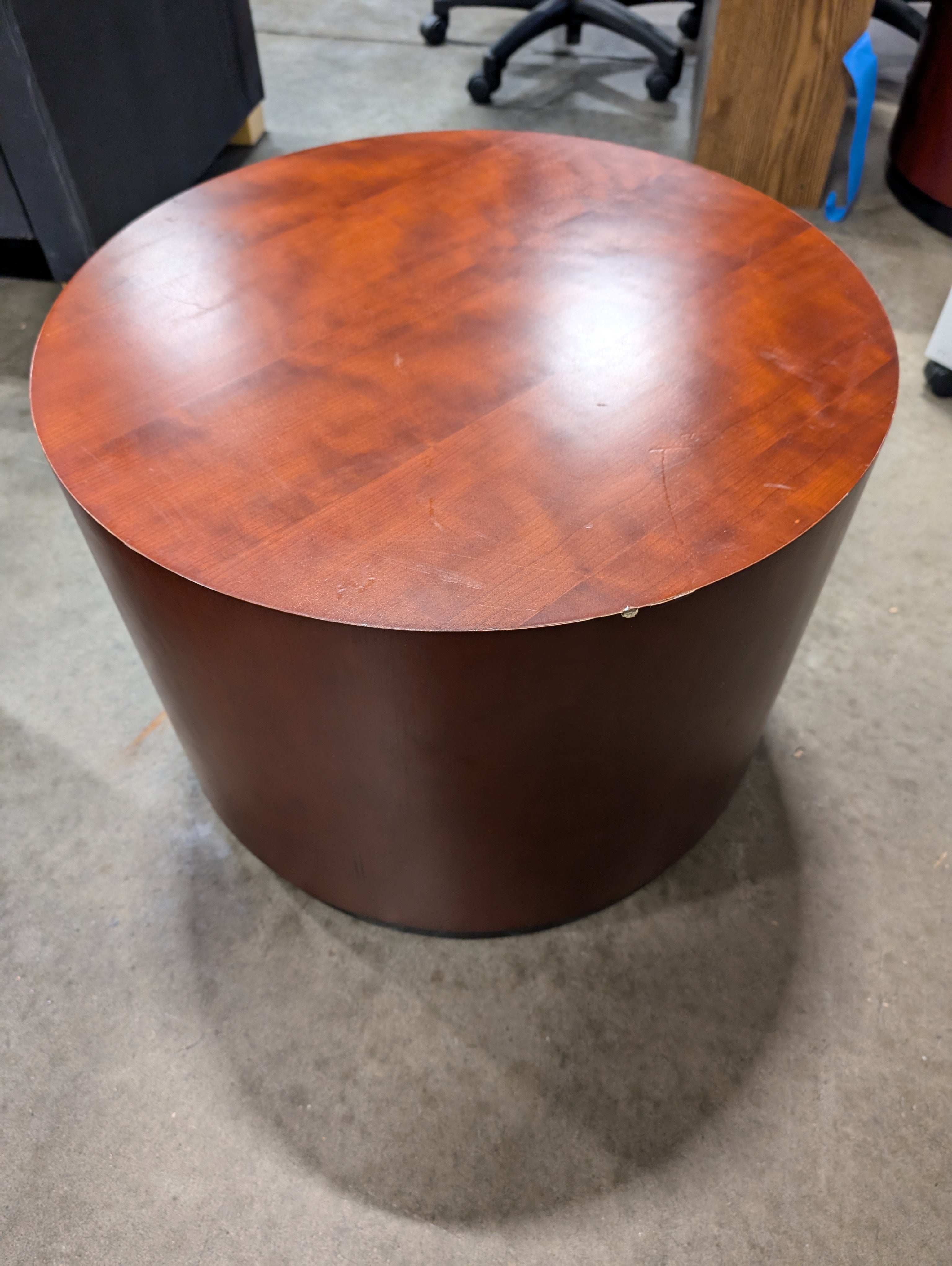 Modern Cylindrical Wood Side Table in Rich Red Finish