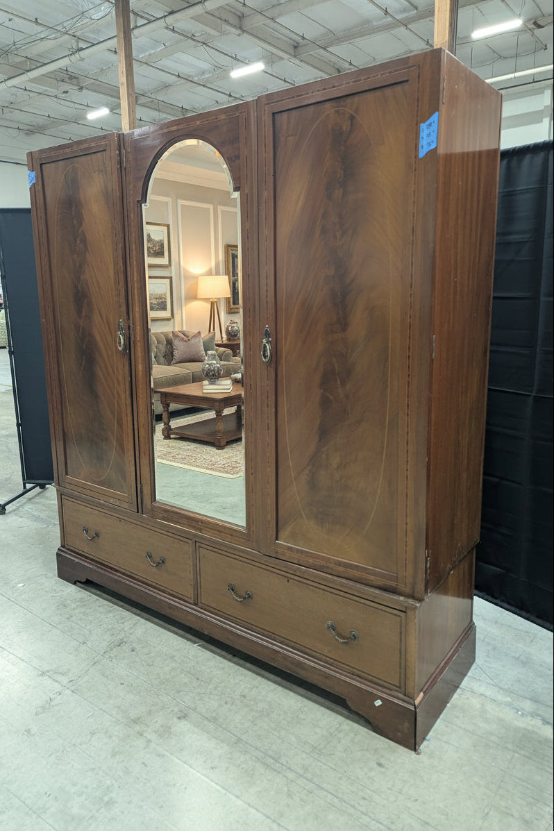 Vintage Three-Door Mirrored Wardrobe with Inlay Details