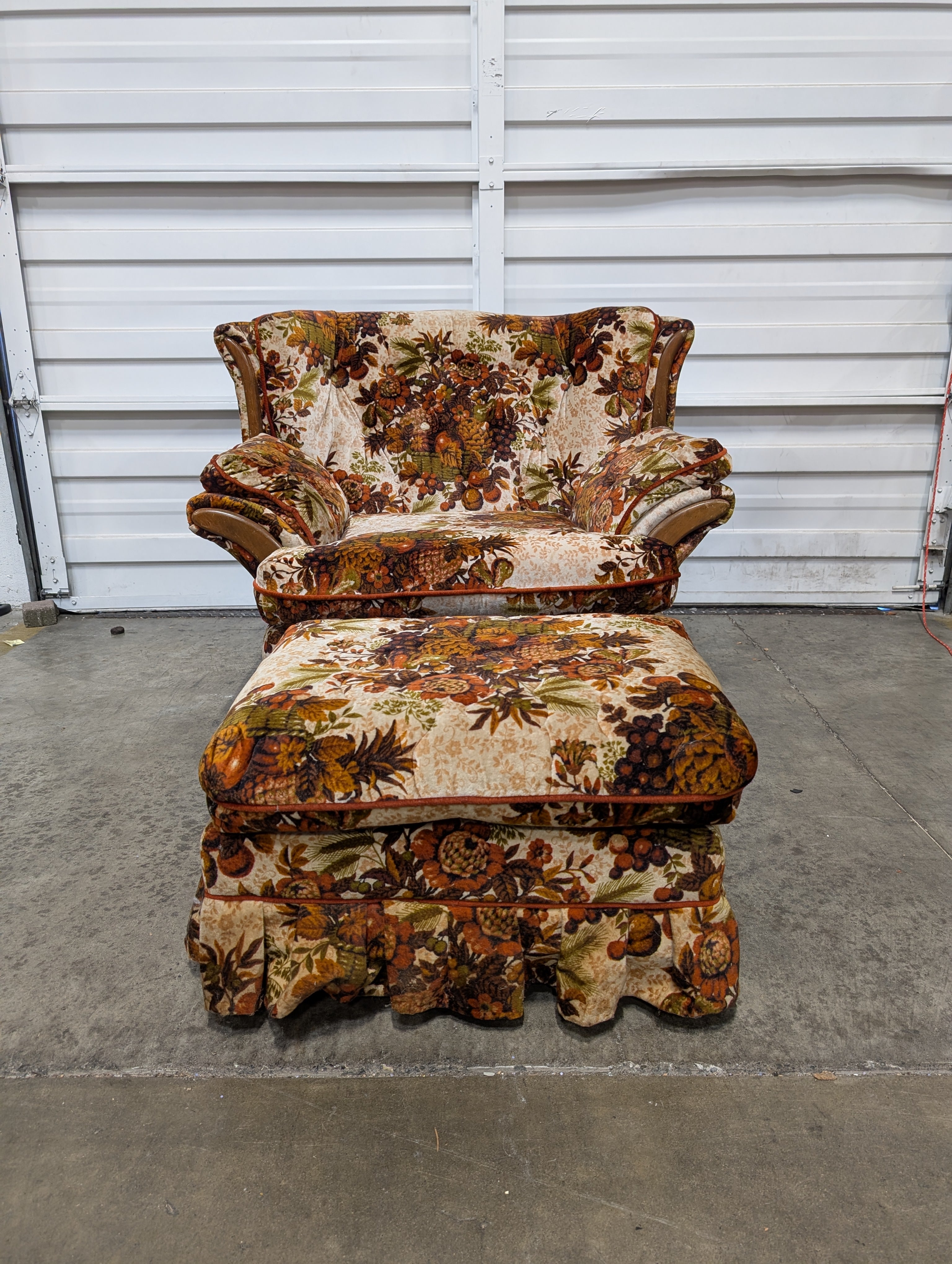 Vintage Floral Upholstered Armchair and Ottoman Set