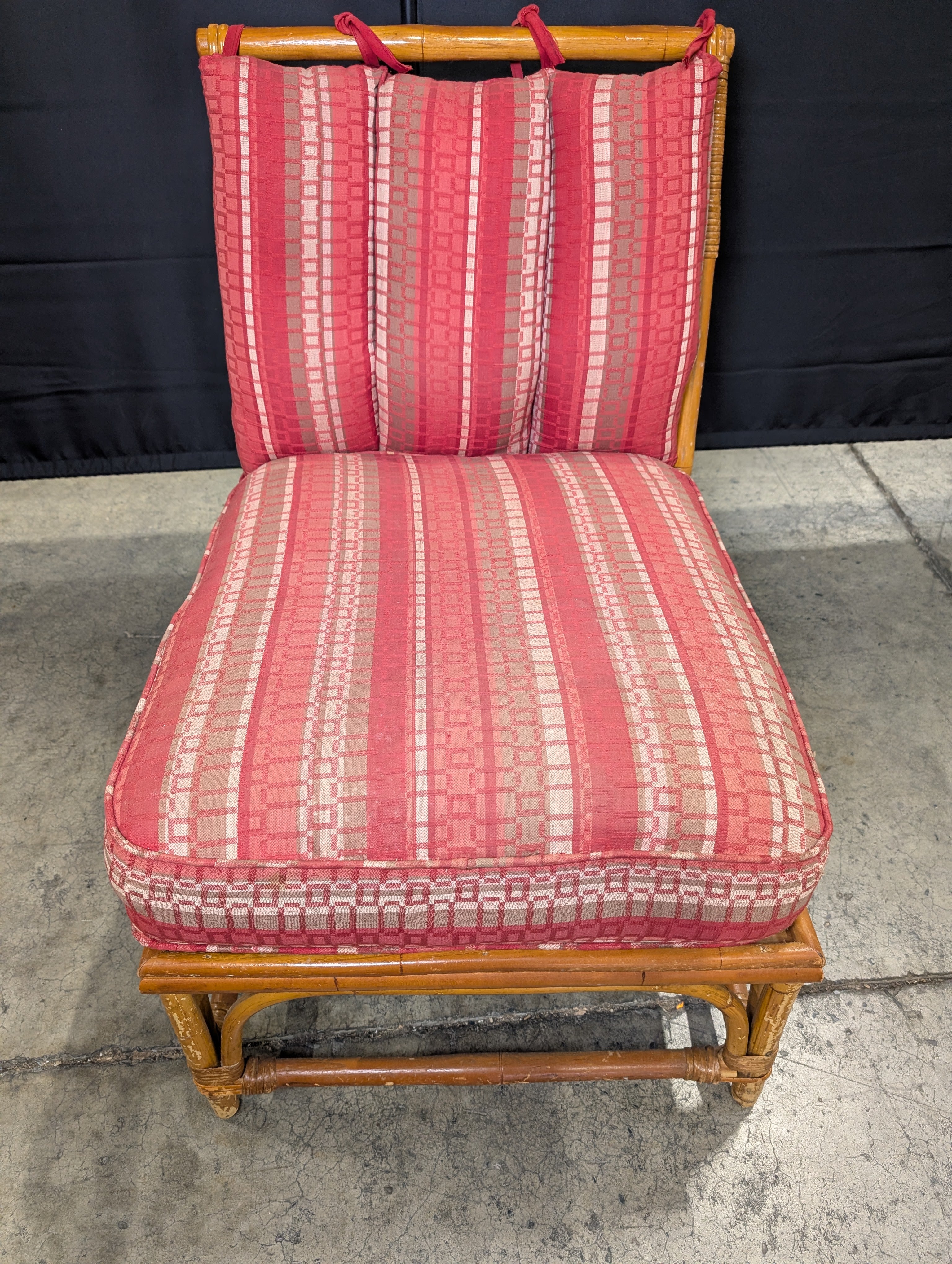 Vintage Bamboo Rattan Lounge Chair with Patterned Cushion