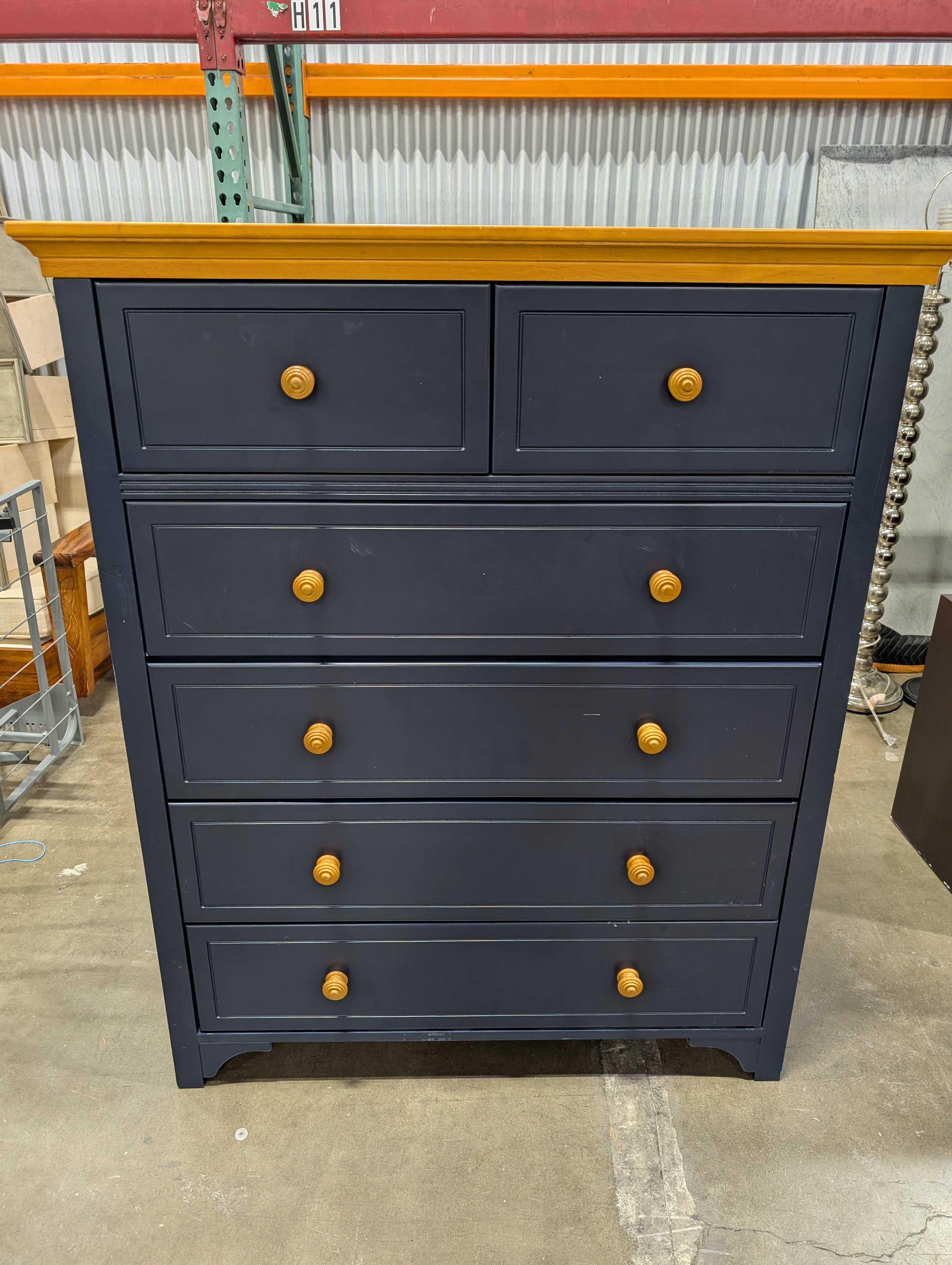 Cafe Kid Dark Navy Blue Six-Drawer Chest with Light Wood Top
