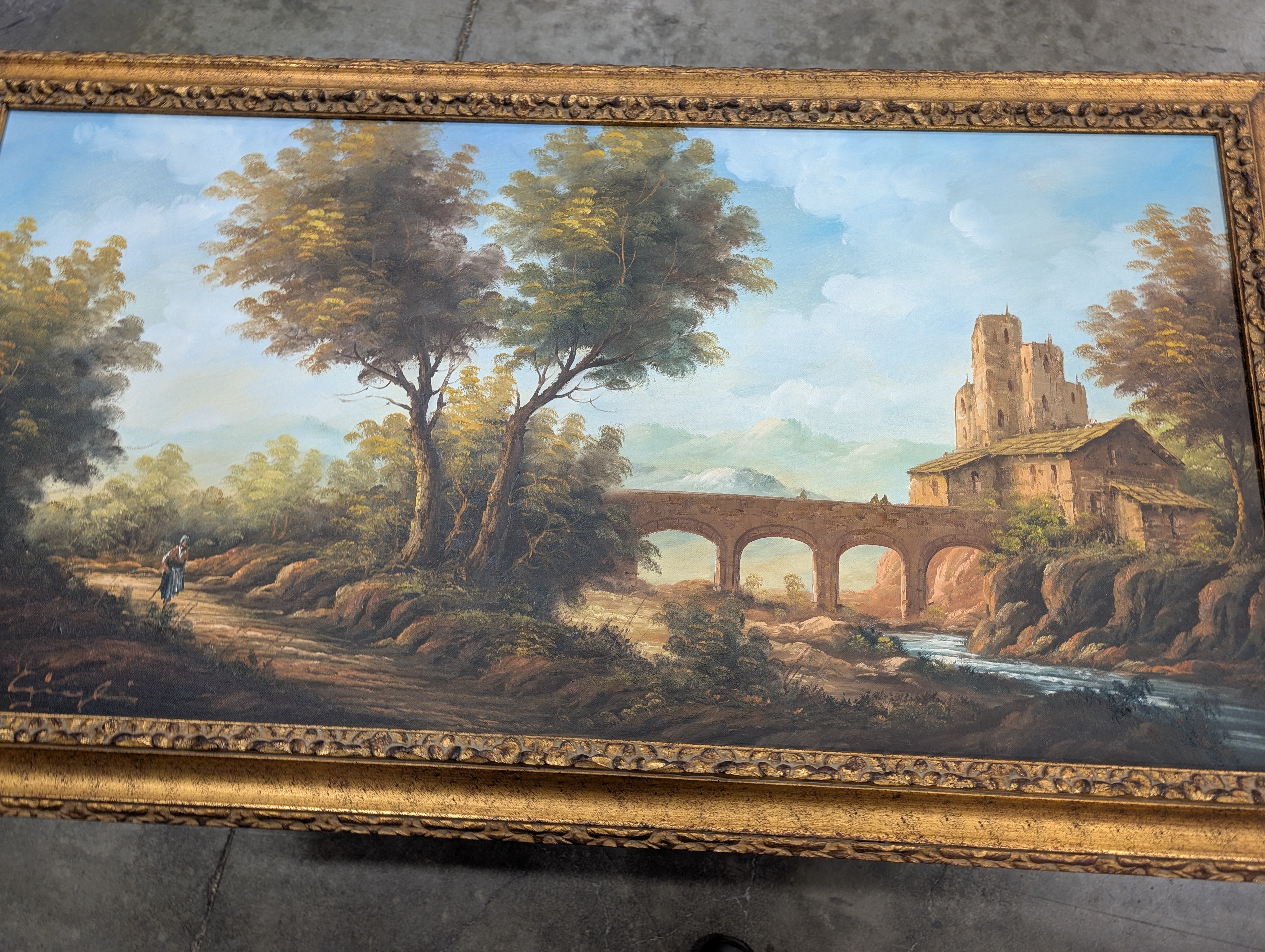 Large Ornate Gilded Frame Scenic Landscape Painting