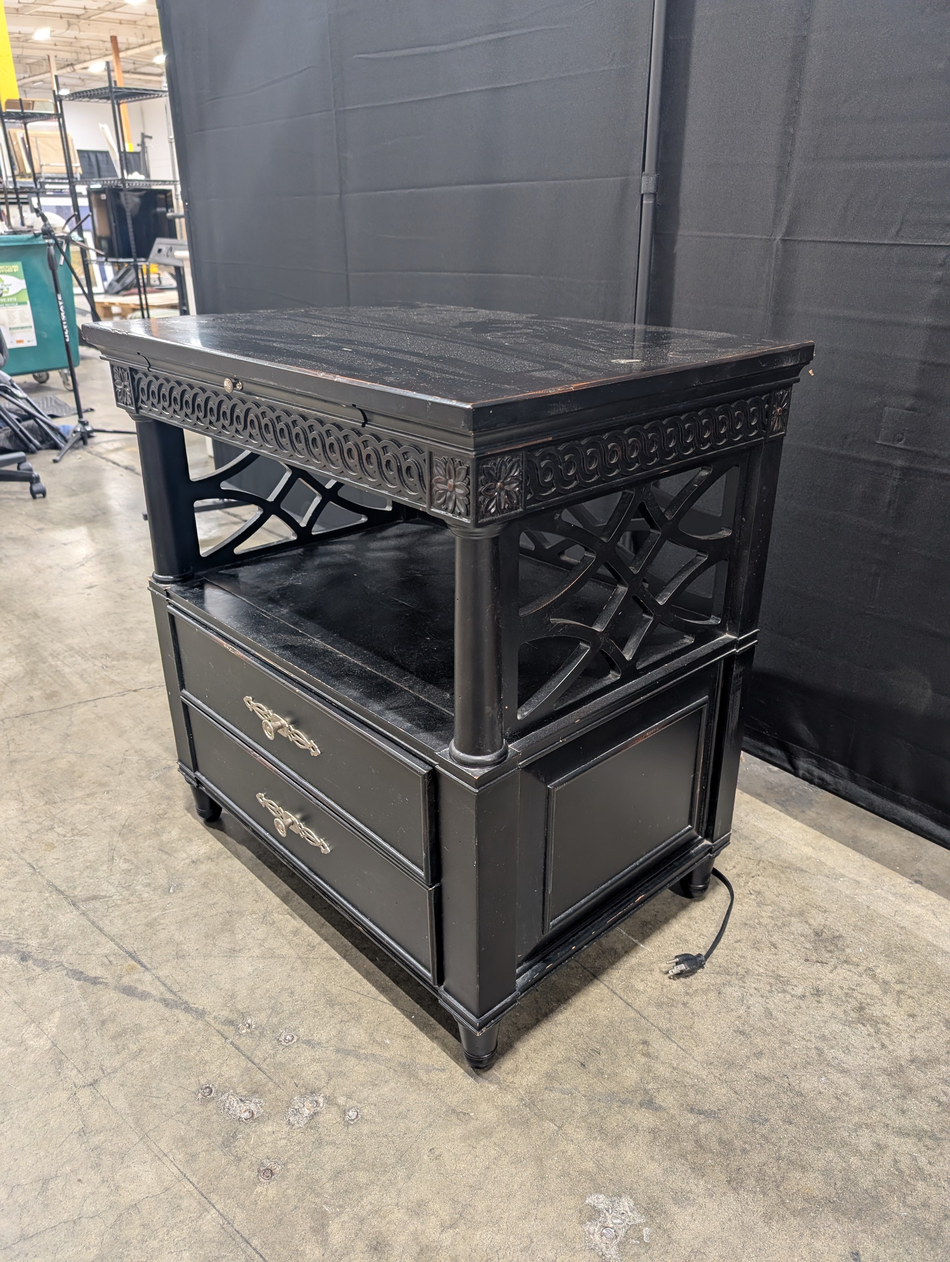 Dark Wood Two-Drawer Nightstand with Open Shelf