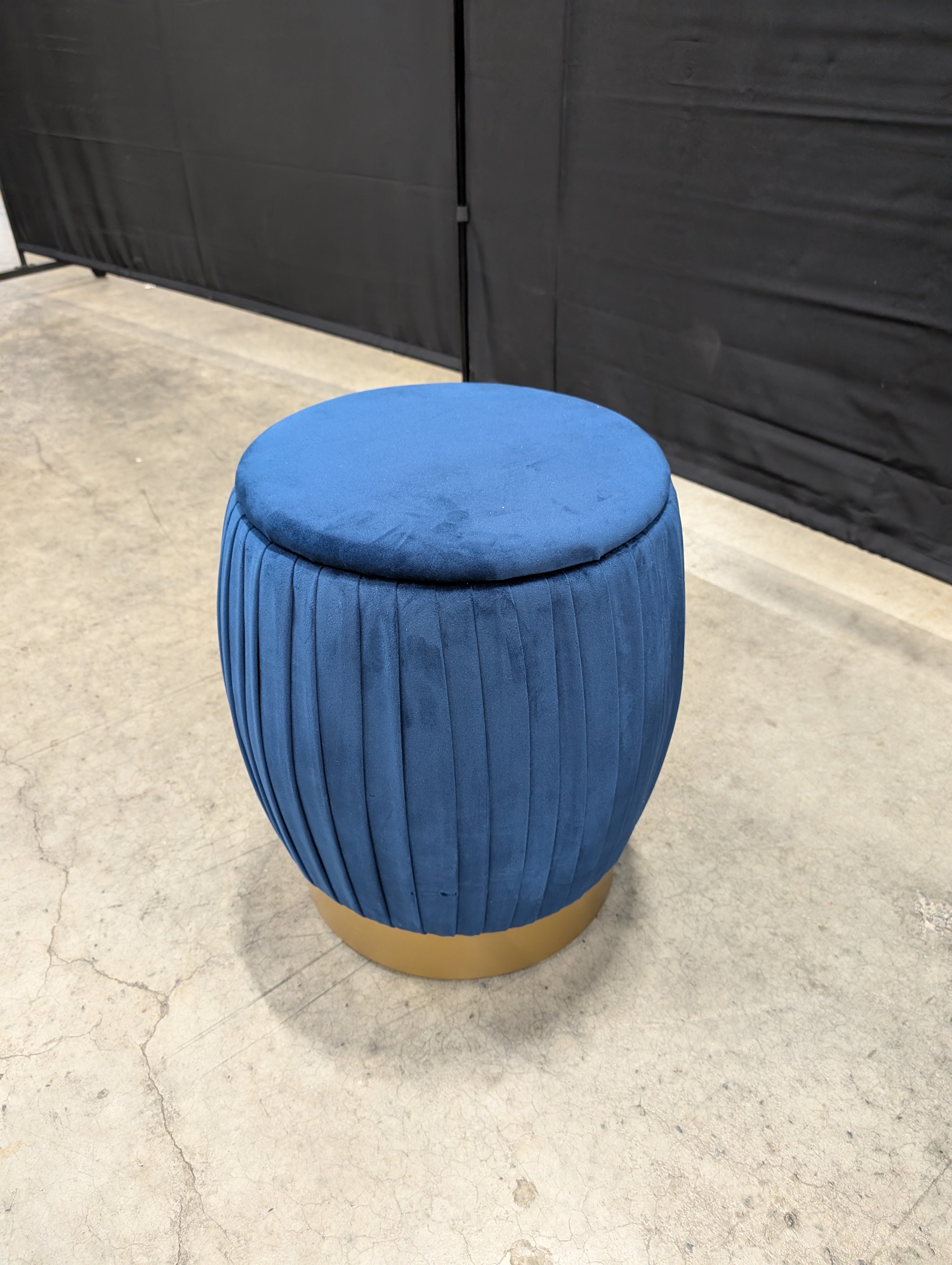 Plush Blue Velvet Pleated Storage Ottoman with Gold Base
