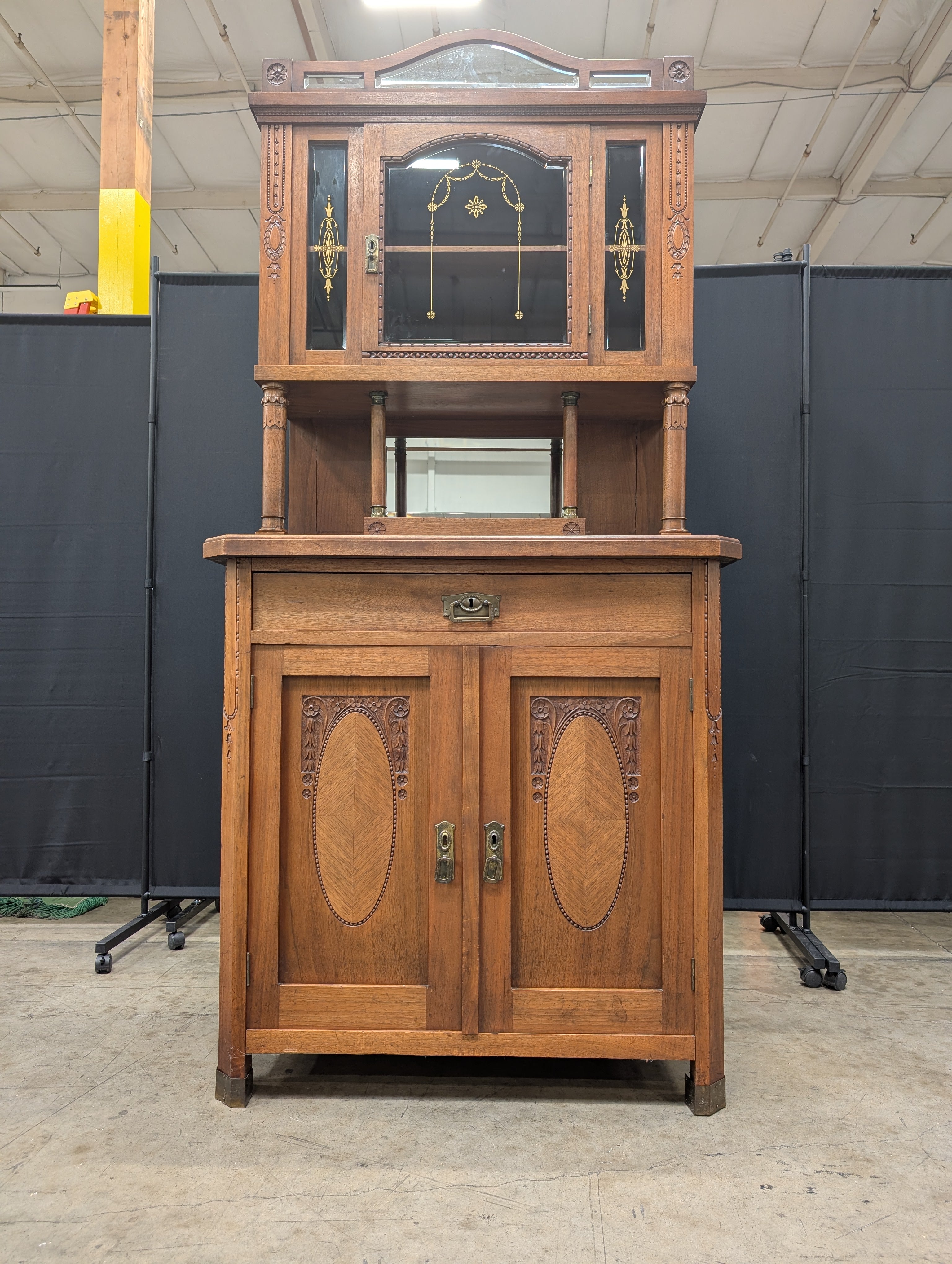 Vintage Carved Hardwood Display Cabinet with Marble Top
