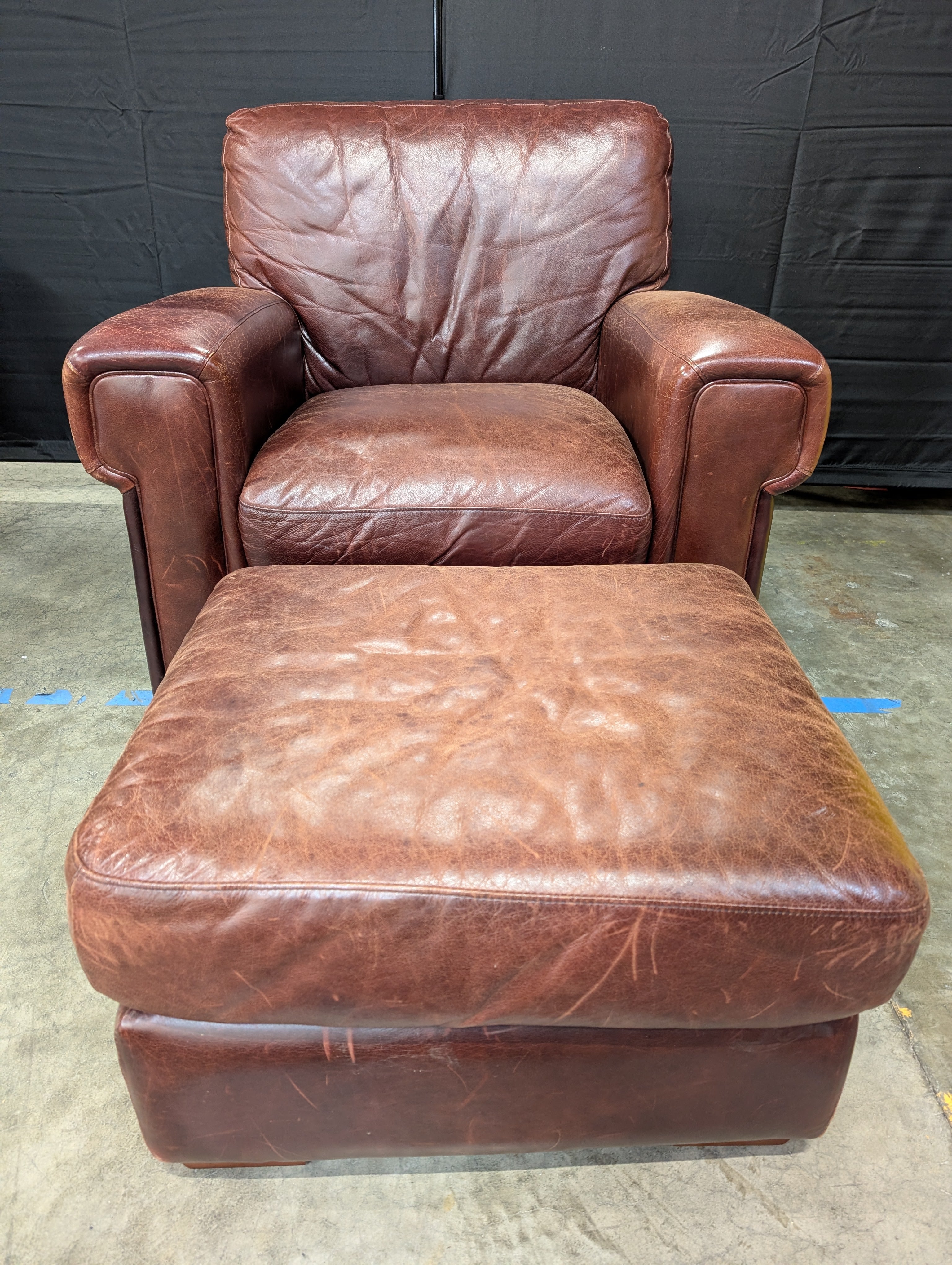 Classic Brown Leather Armchair and Ottoman Set