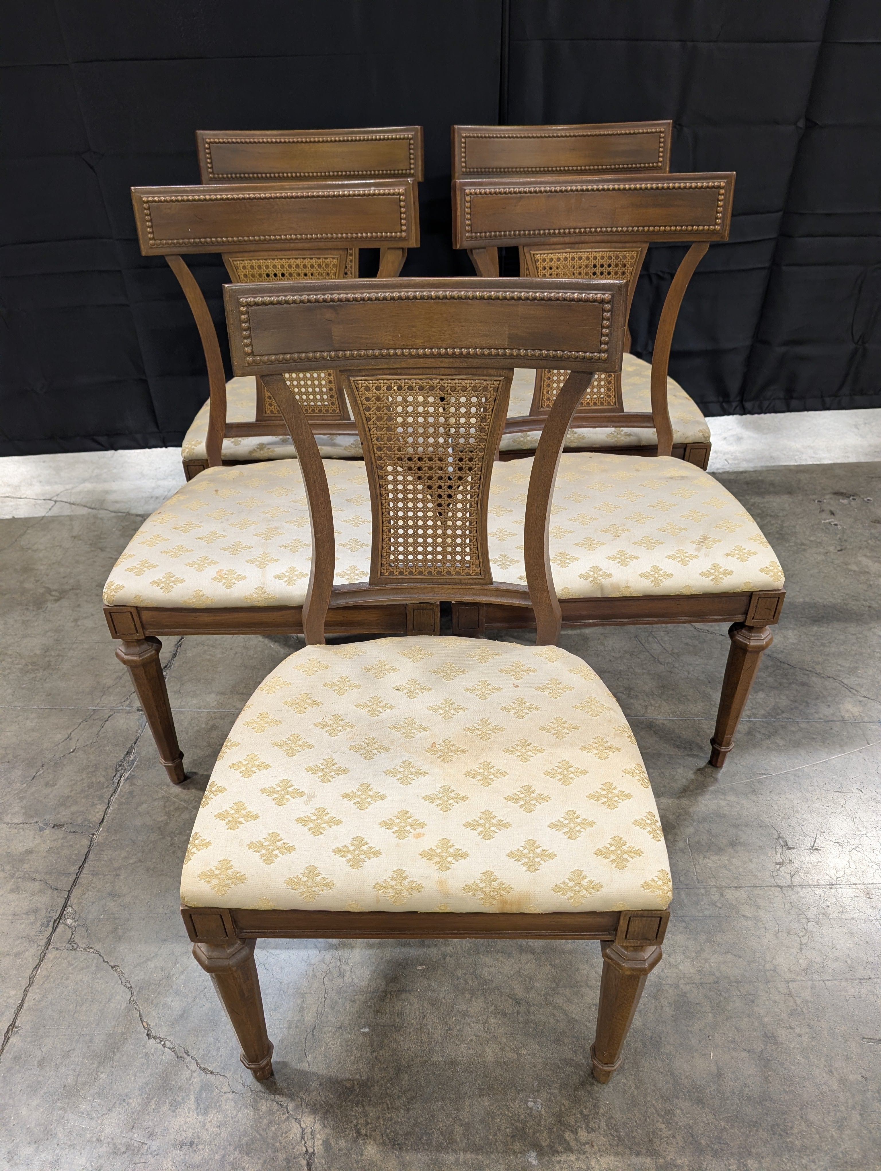 Set of Five Vintage Wood Cane Back Dining Chair with Upholstered Seat