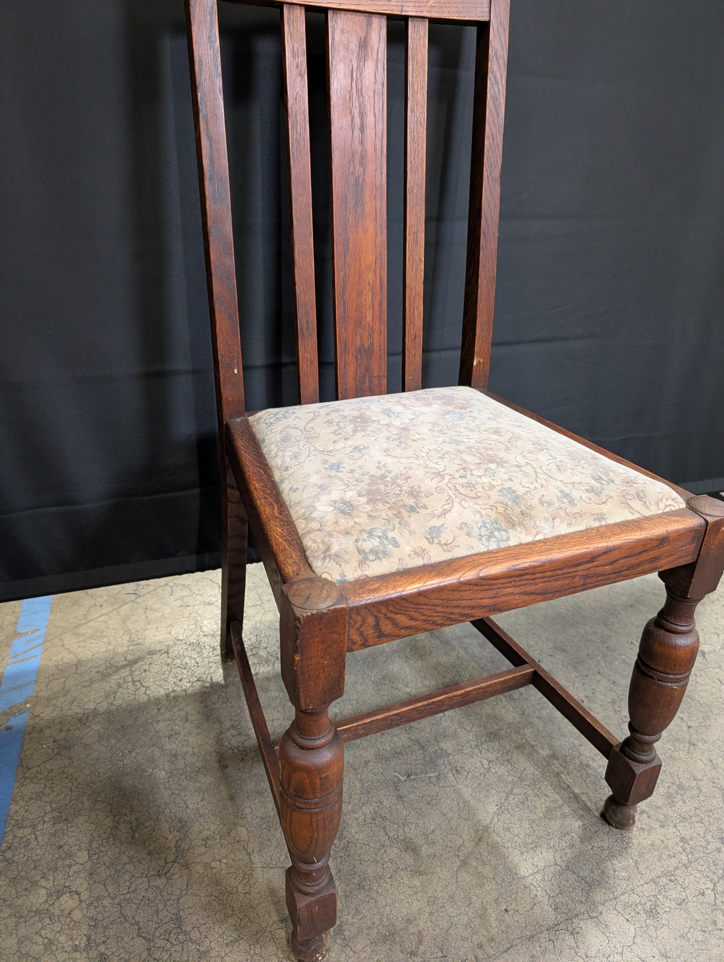 Vintage Hardwood Slat Back Accent Chair with Floral Upholstery