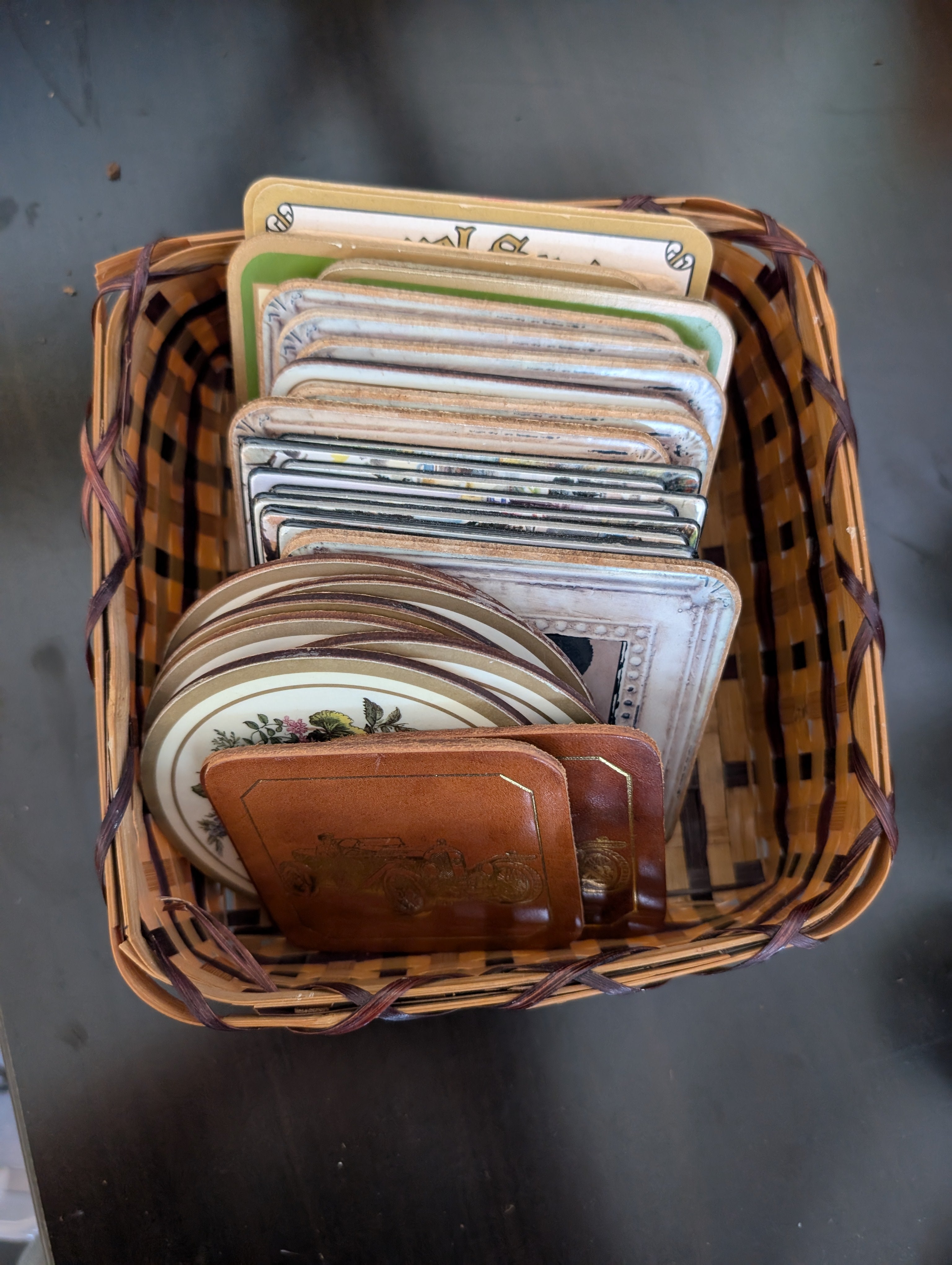 Assorted Vintage Style Coasters with Woven Storage Basket