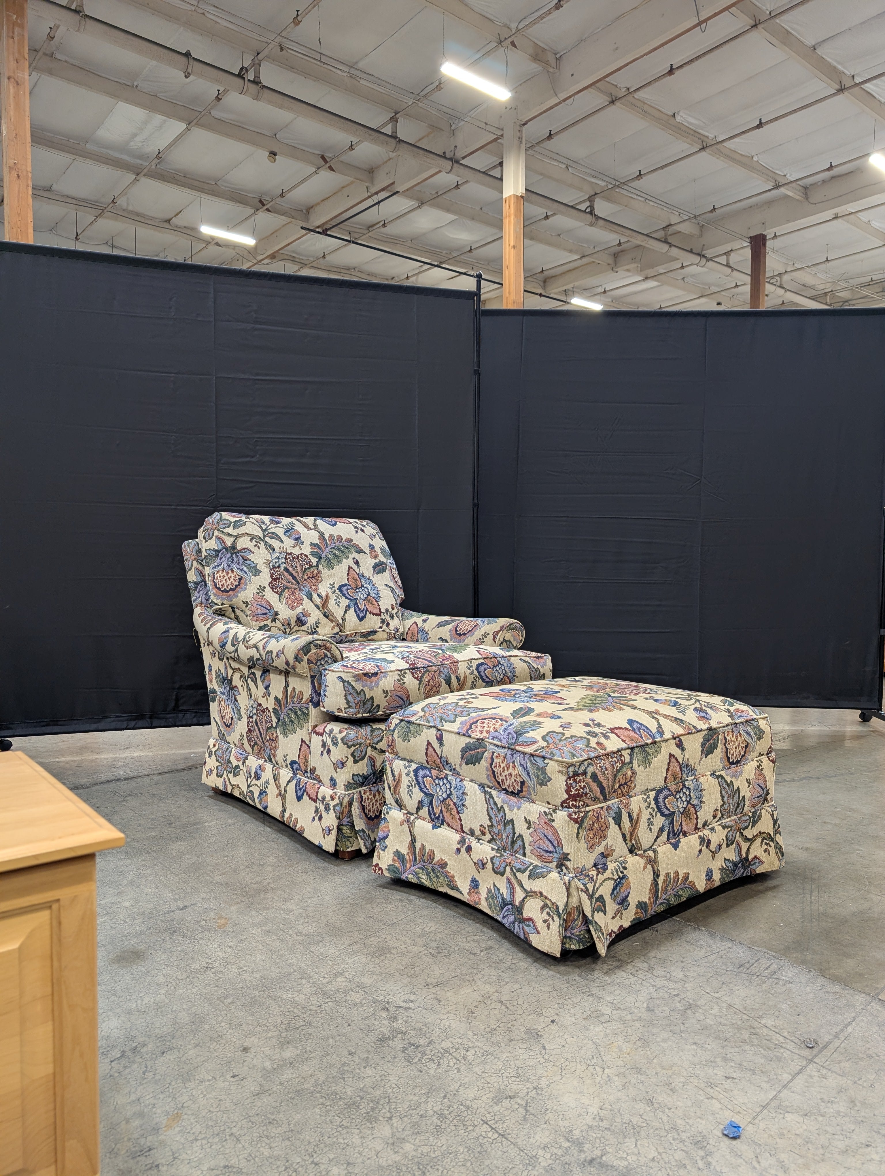 Charming Floral Upholstered Armchair and Ottoman Set