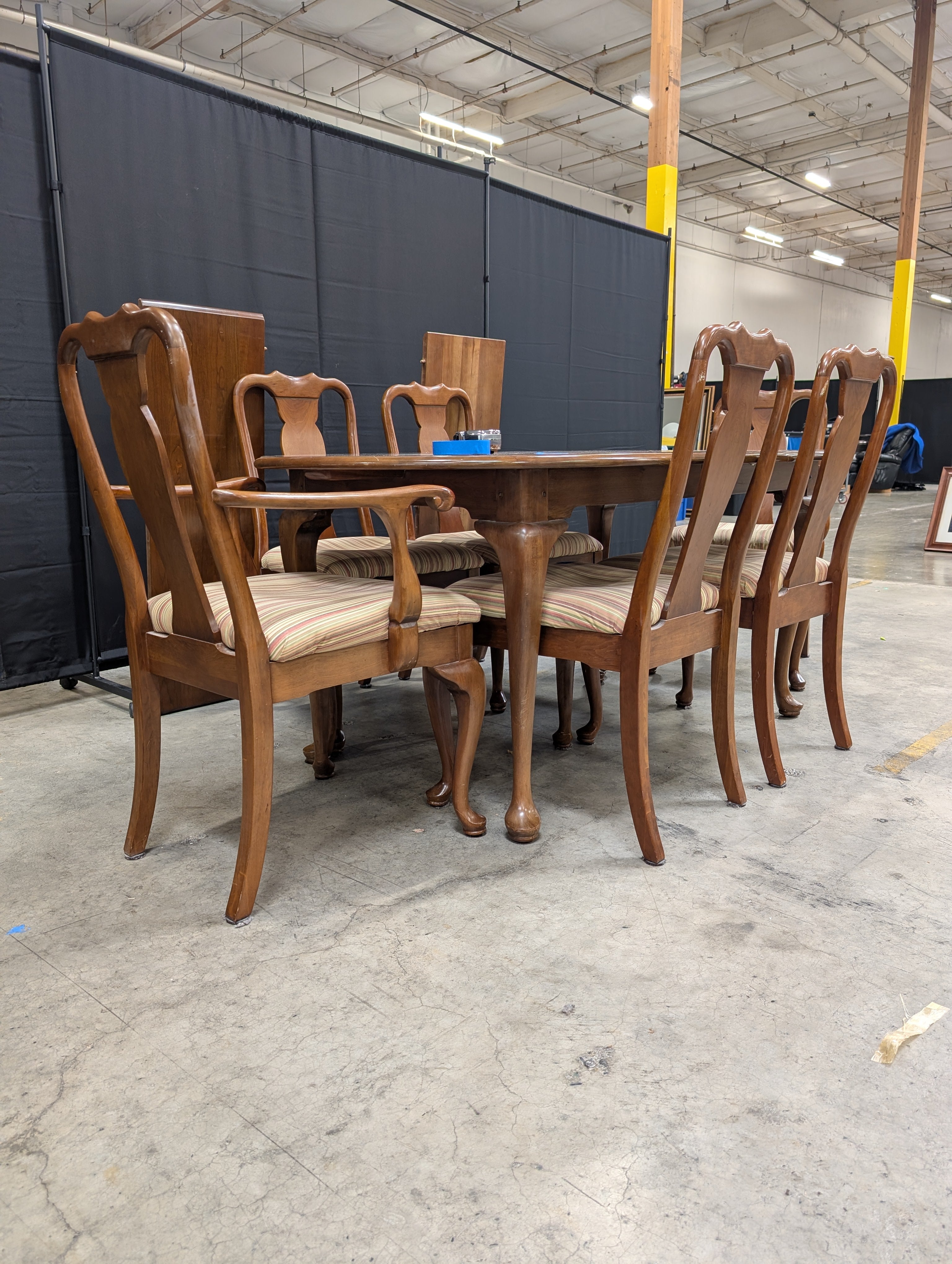 L. & J.G. Stickley Furniture Wood Dining Table with Leafs and Set of Six Carved Back Chairs
