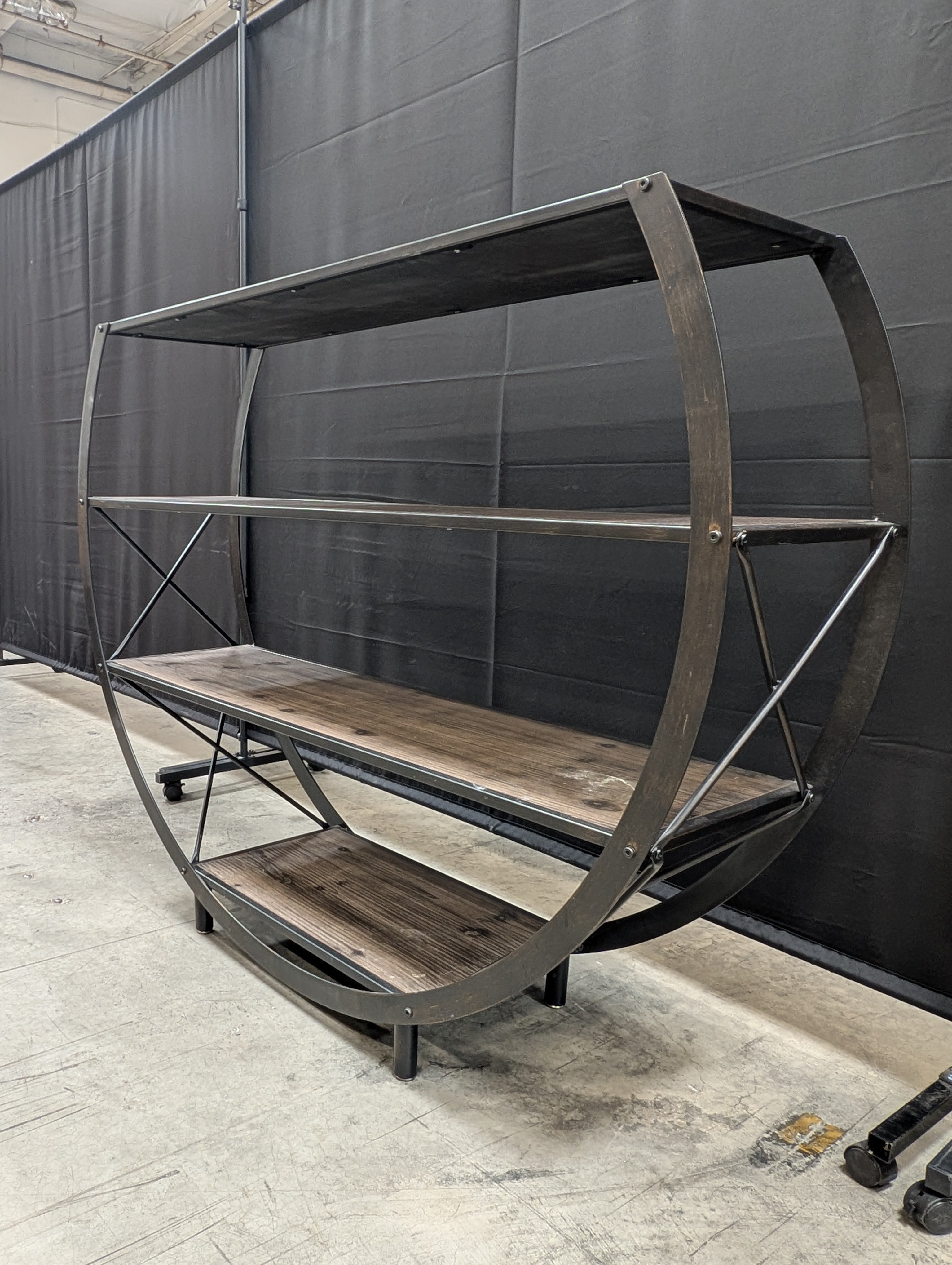 Industrial Half-Moon Display Shelf with Wood Tiers
