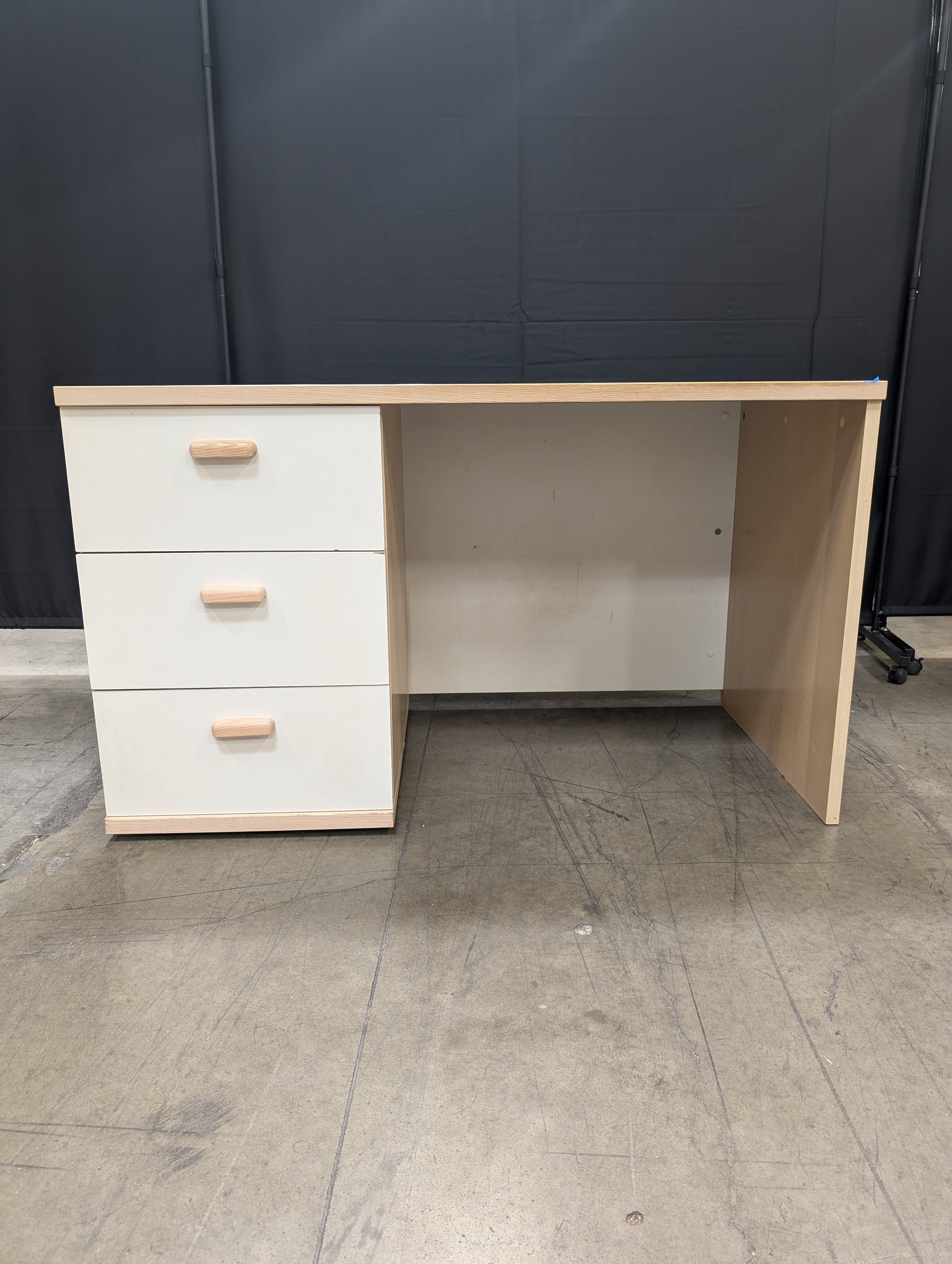 Modern Wood Tone Desk with Three Grey Drawers and Natural Pulls