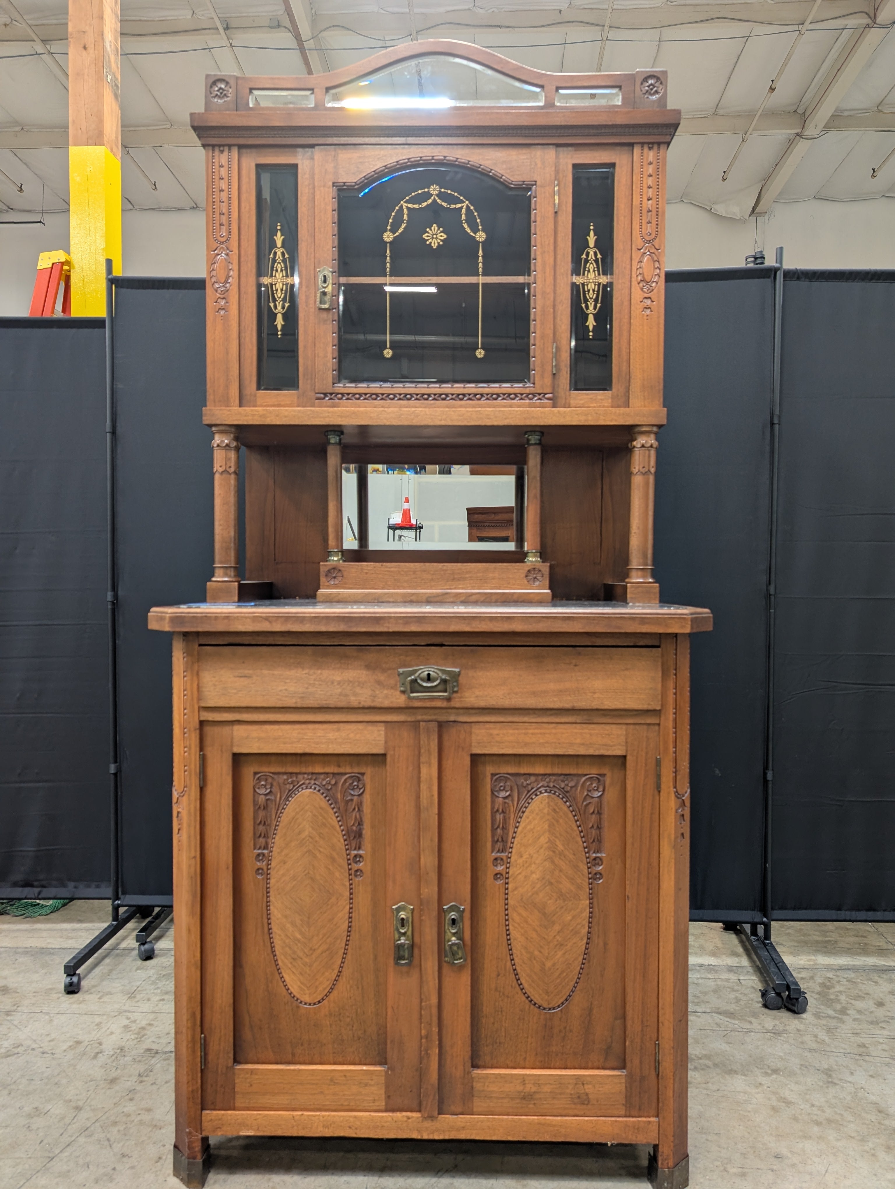 Vintage Carved Hardwood Display Cabinet with Marble Top