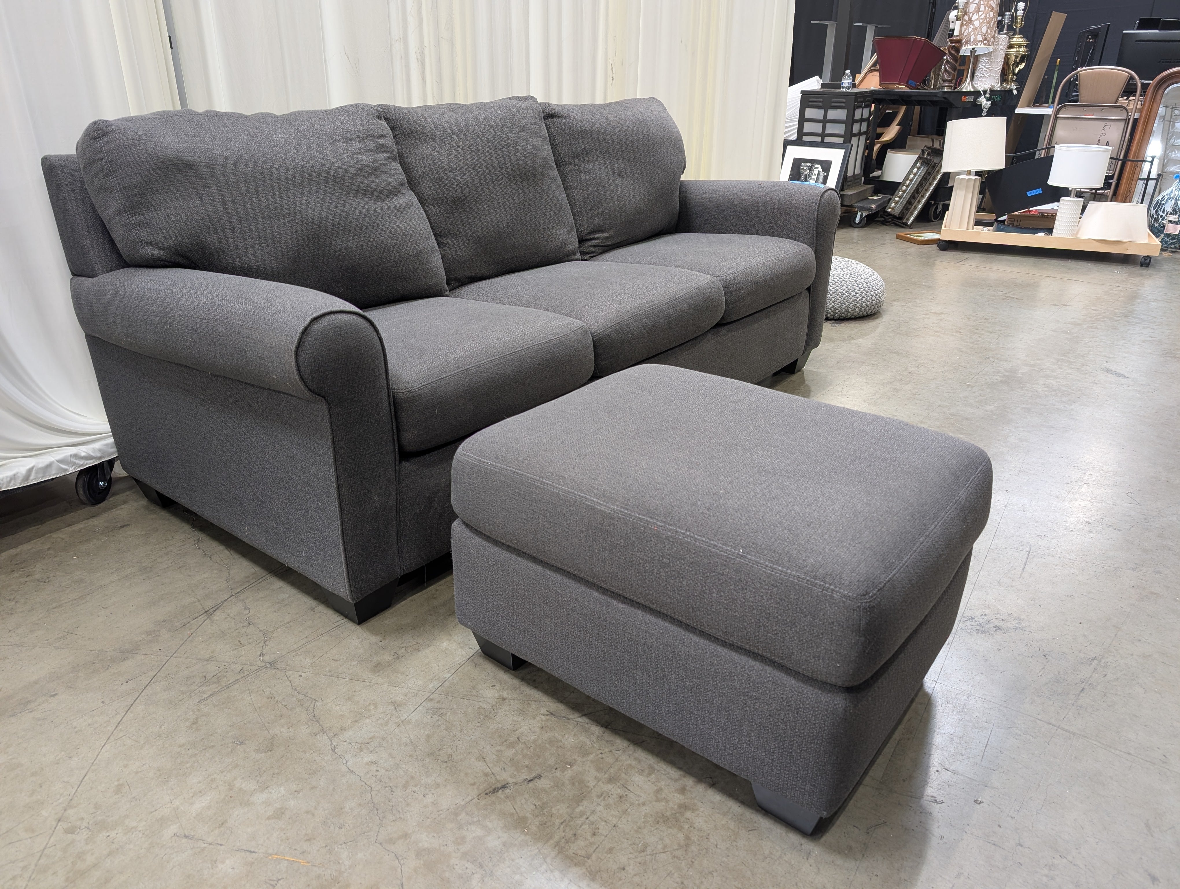 American Leather Charcoal Grey Rolled Arm Sofa & Ottoman Set - Made in USA