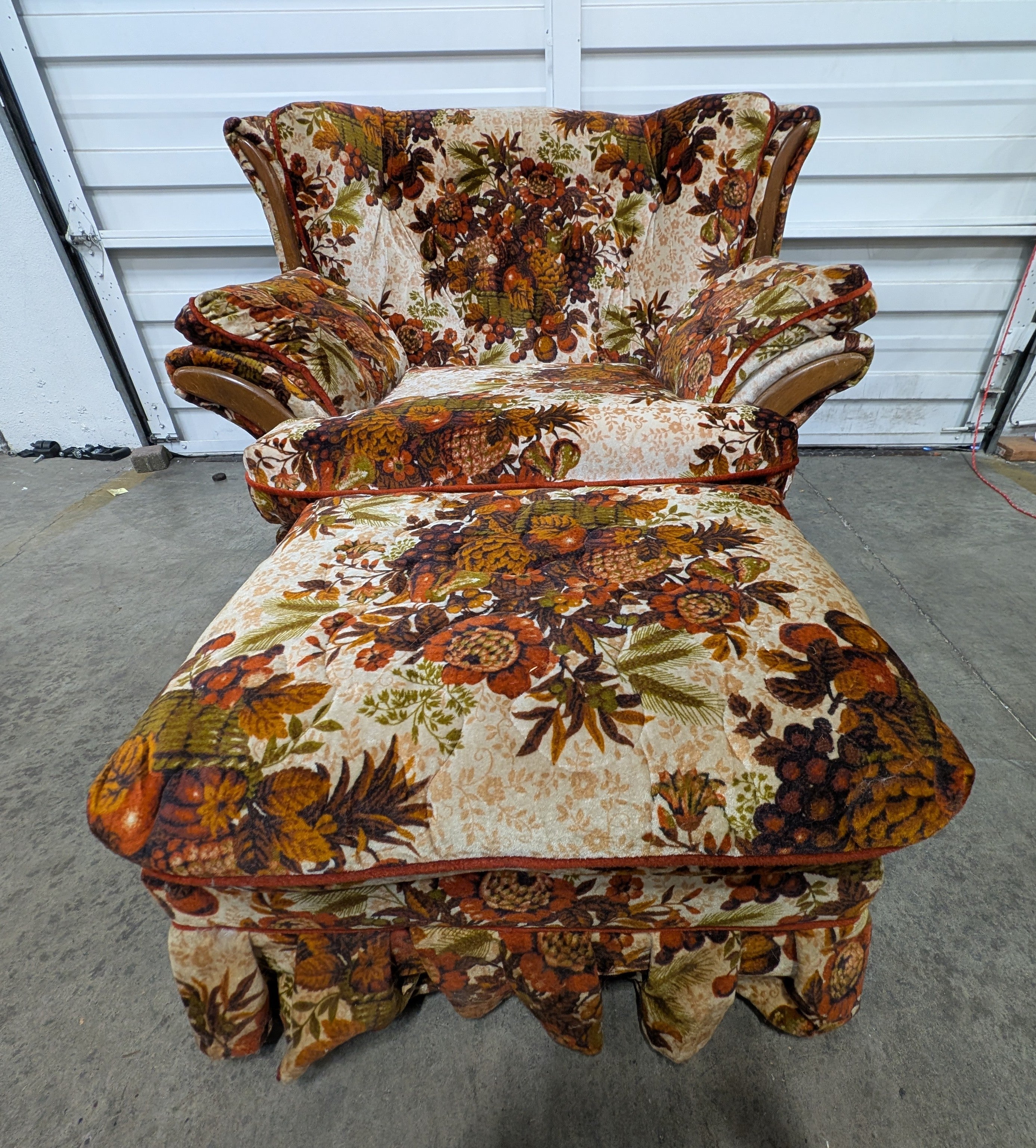 Vintage Floral Upholstered Armchair and Ottoman Set