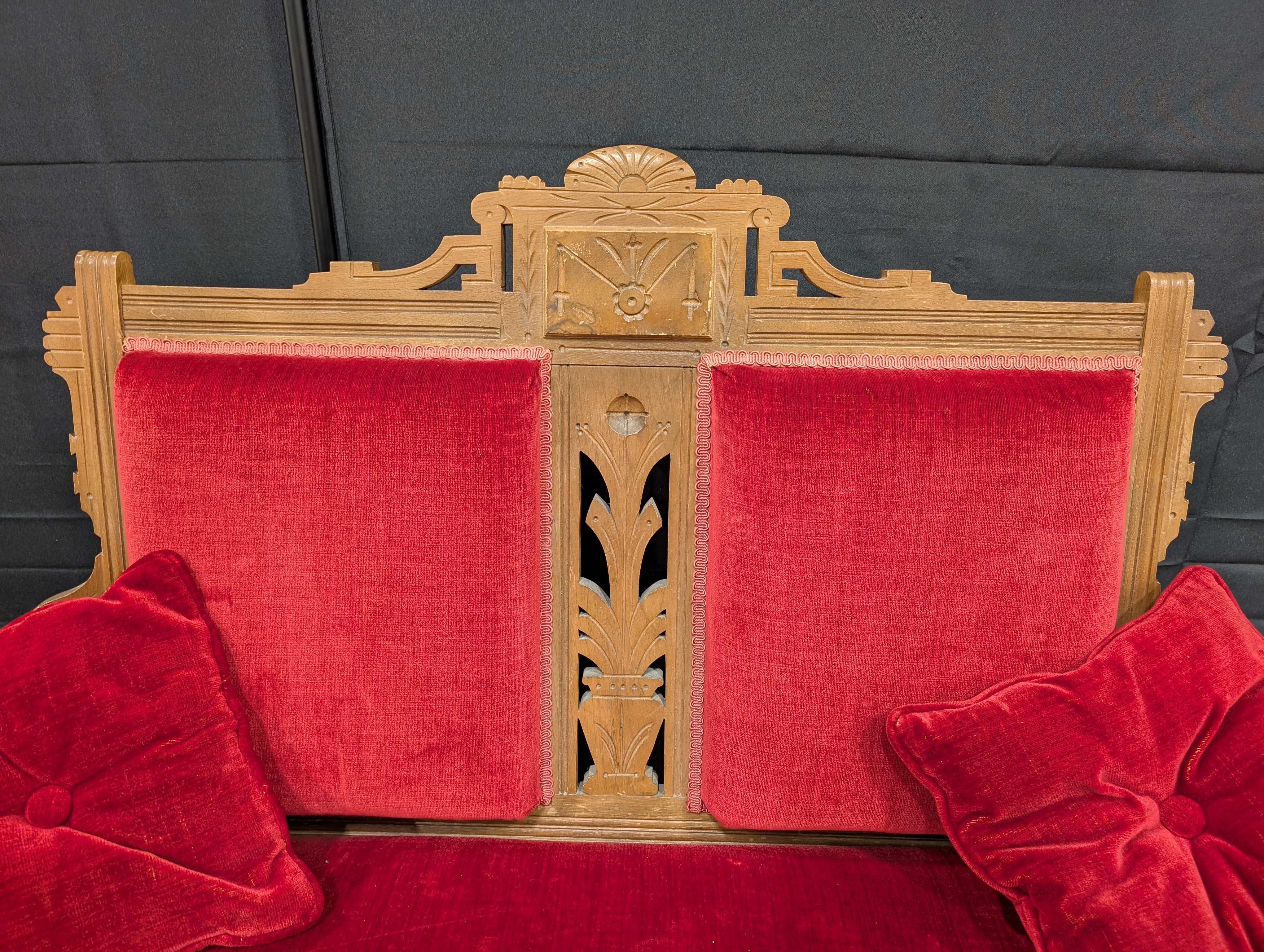 Vintage Carved Wood Red Velvet Loveseat Settee