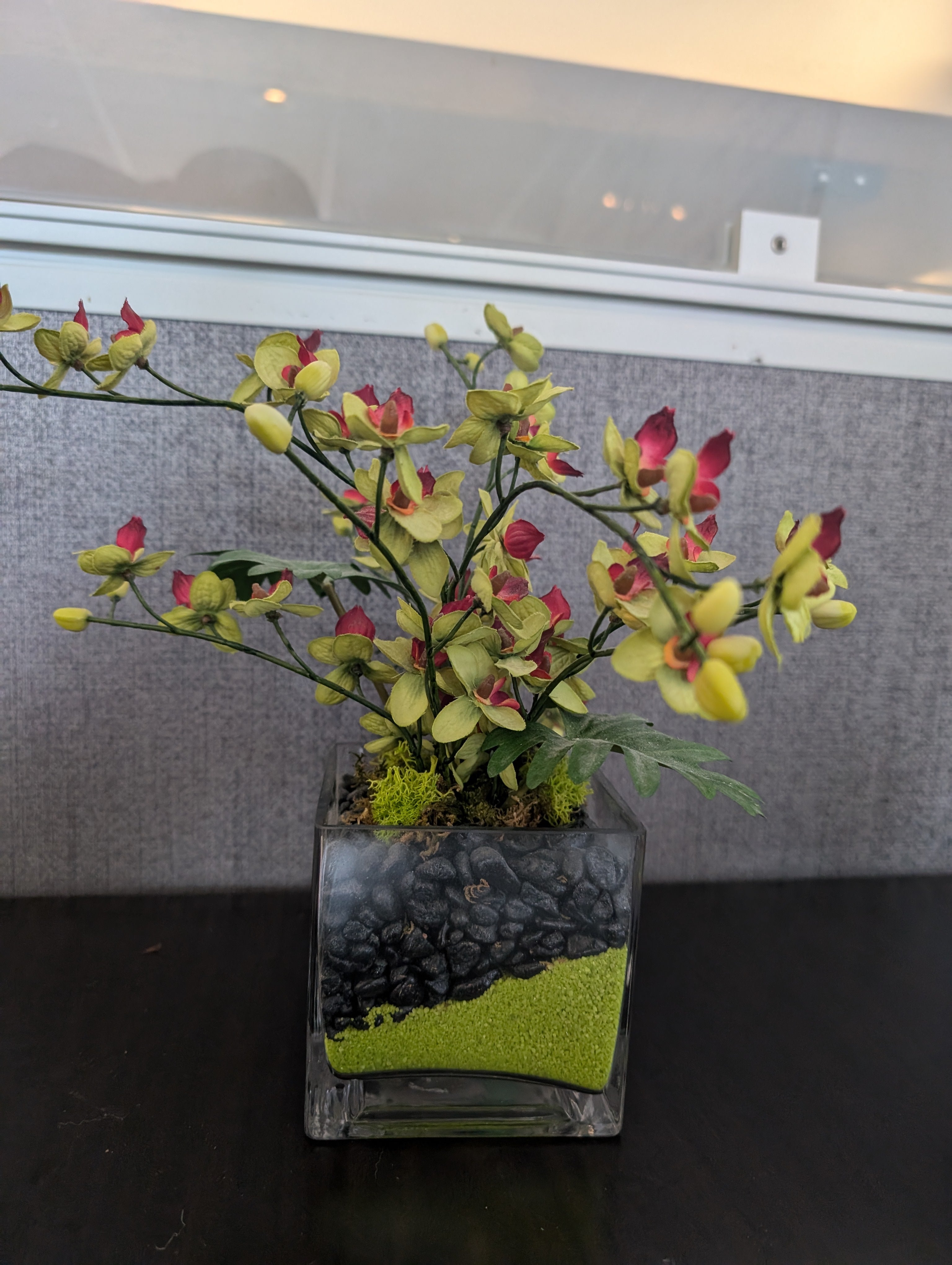 Vibrant Artificial Orchid Arrangement in Square Glass Vase