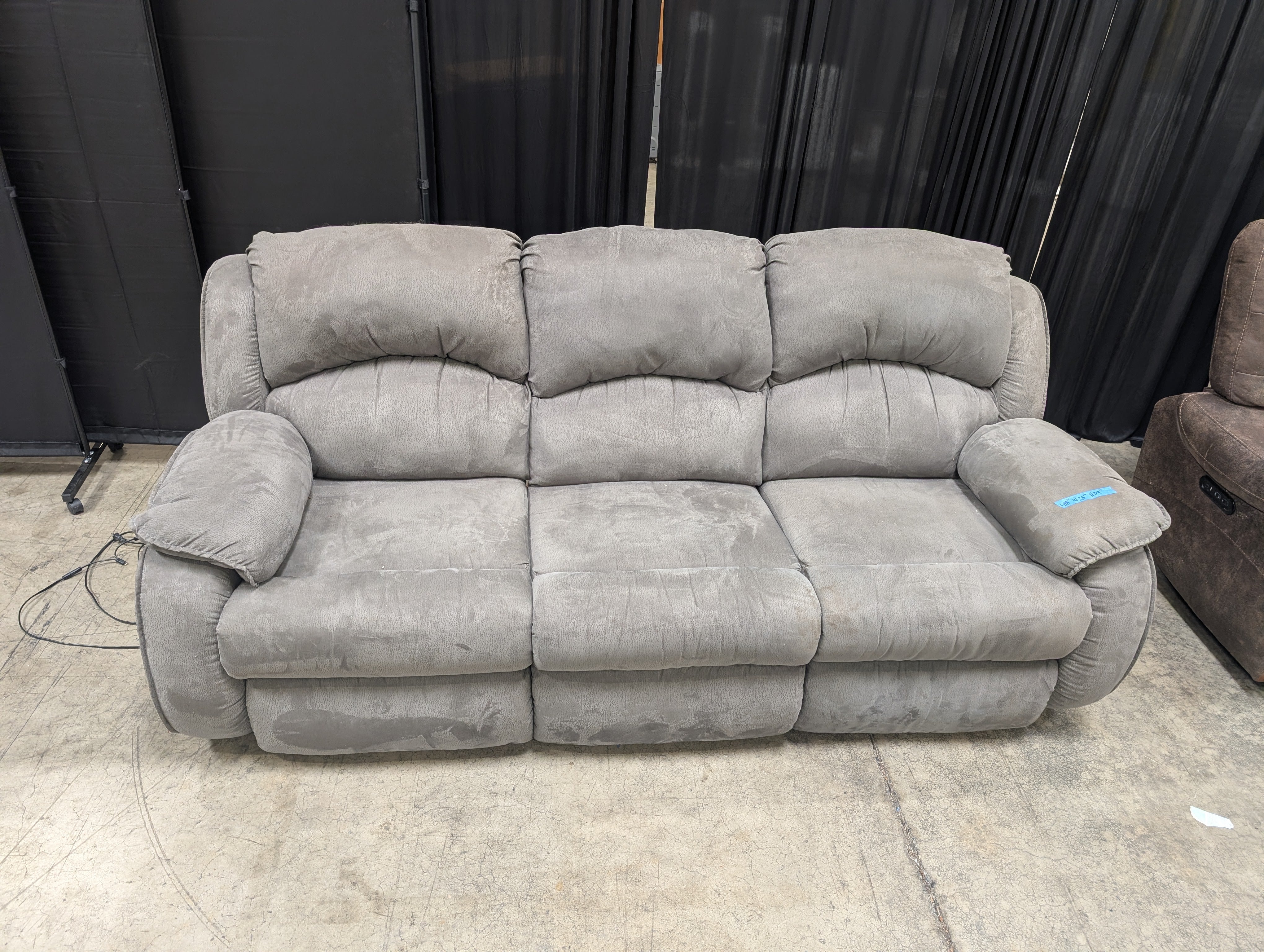 Plush Taupe Fabric Power Reclining Couch with Overstuffed Arms