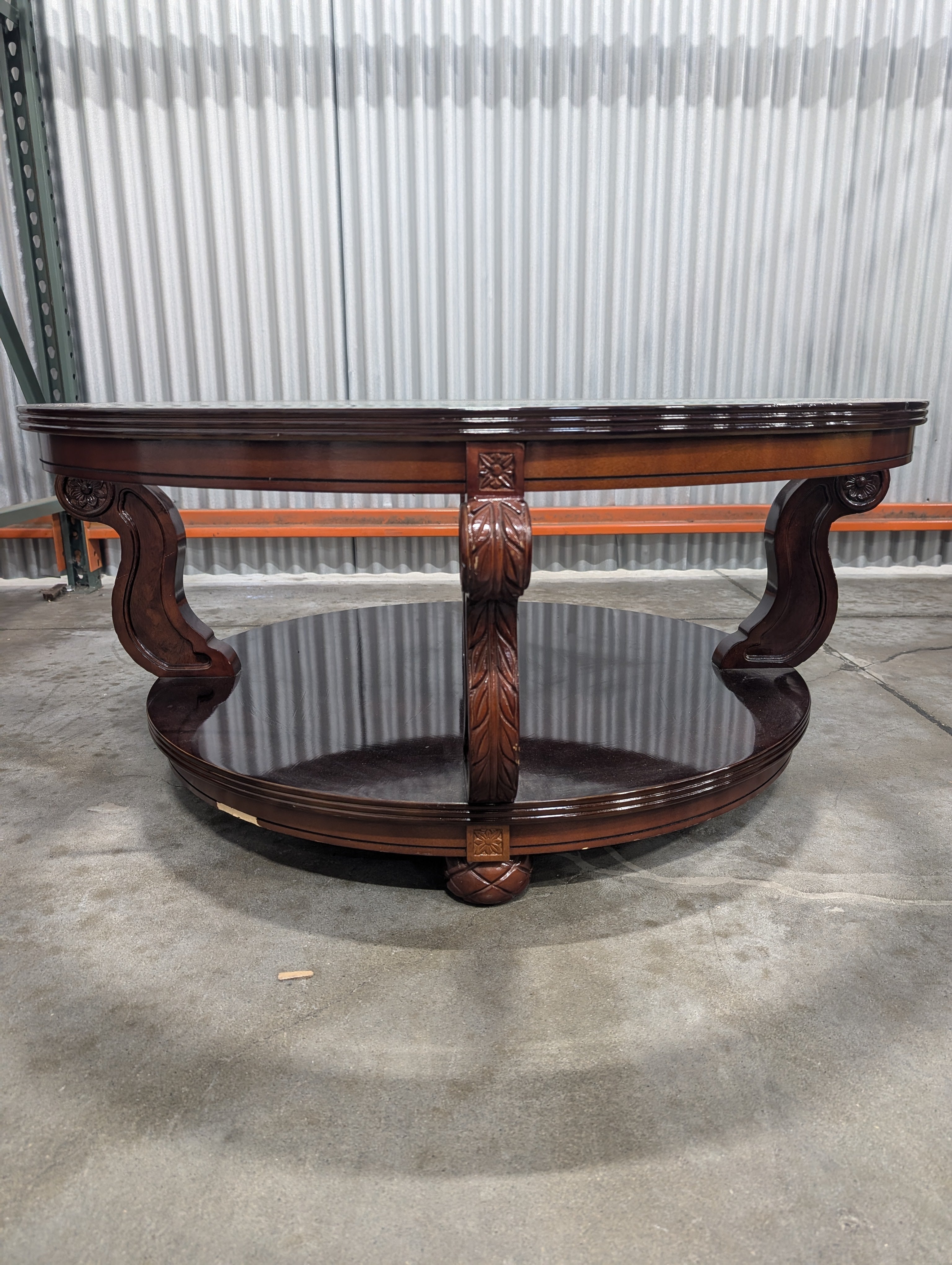 Circular Dark Wood Coffee Table with Glass Inlay