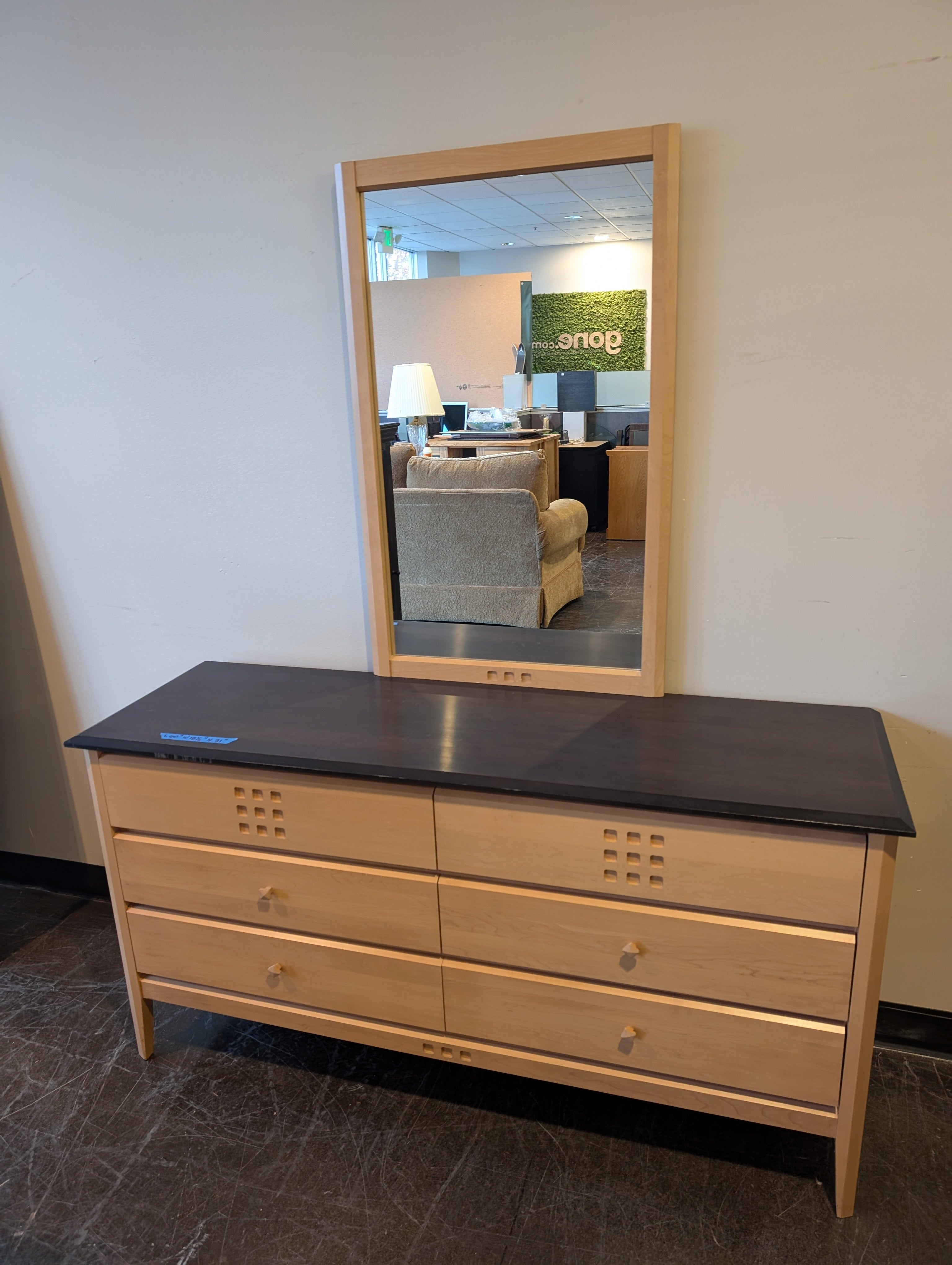 Light Wood Six-Drawer Dresser with Matching Mirror and Dark Top
