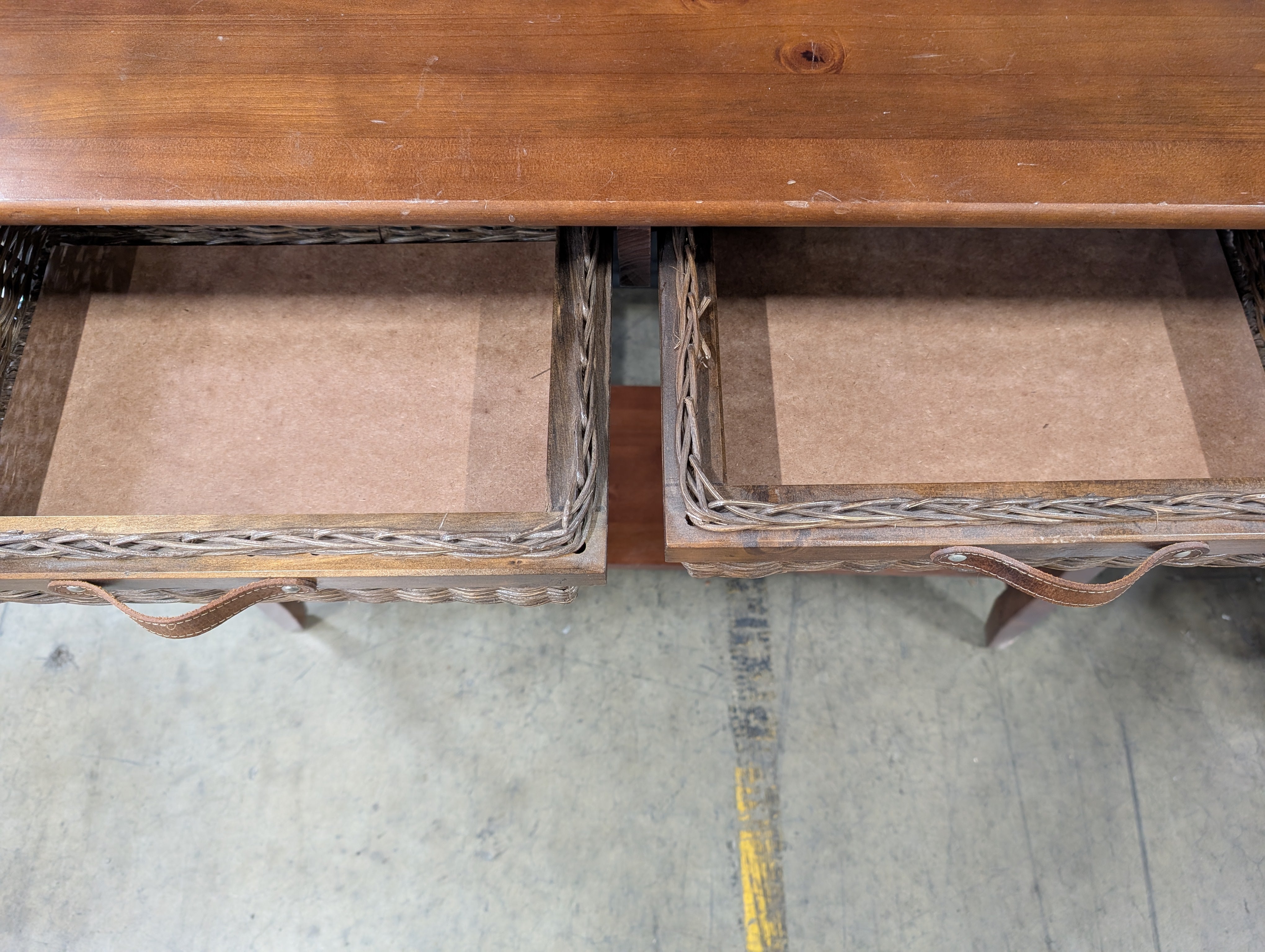 Rustic Wood Console Table with Woven Drawers and Lower Shelf